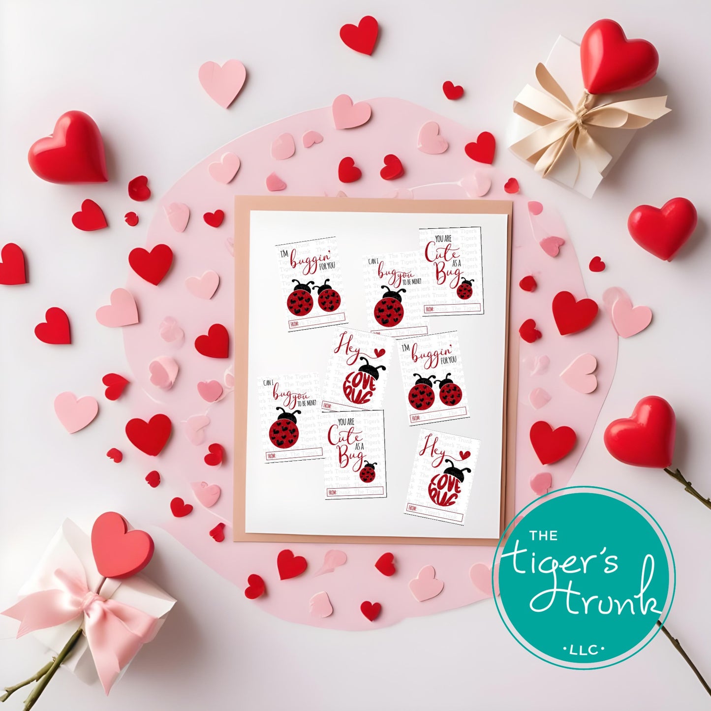Valentine’s cards with a ladybug theme featuring messages like "Can I Bug You to Be Mine?" and "You Are Cute as a Bug."