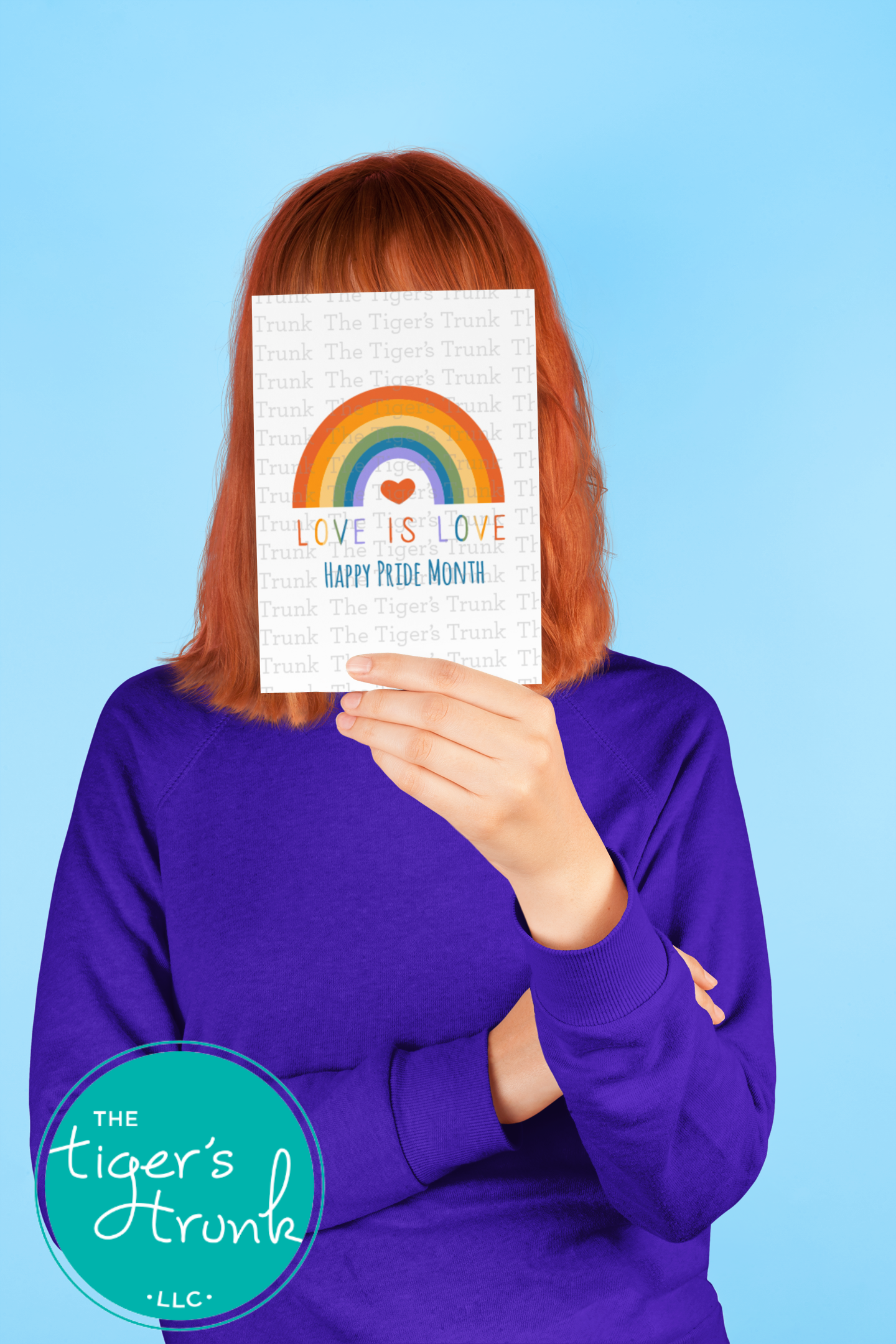 Printable card with rainbow design and message "Love is Love. Happy Pride Month," for Pride celebrations, instant download