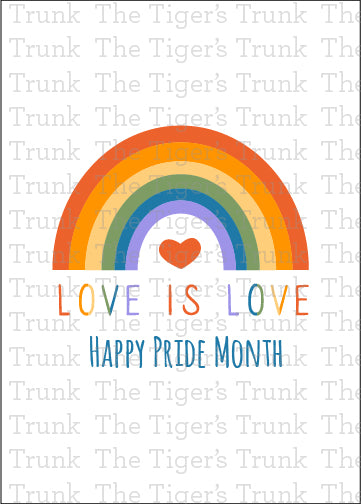 Printable card with rainbow design and message "Love is Love. Happy Pride Month," for Pride celebrations, instant download