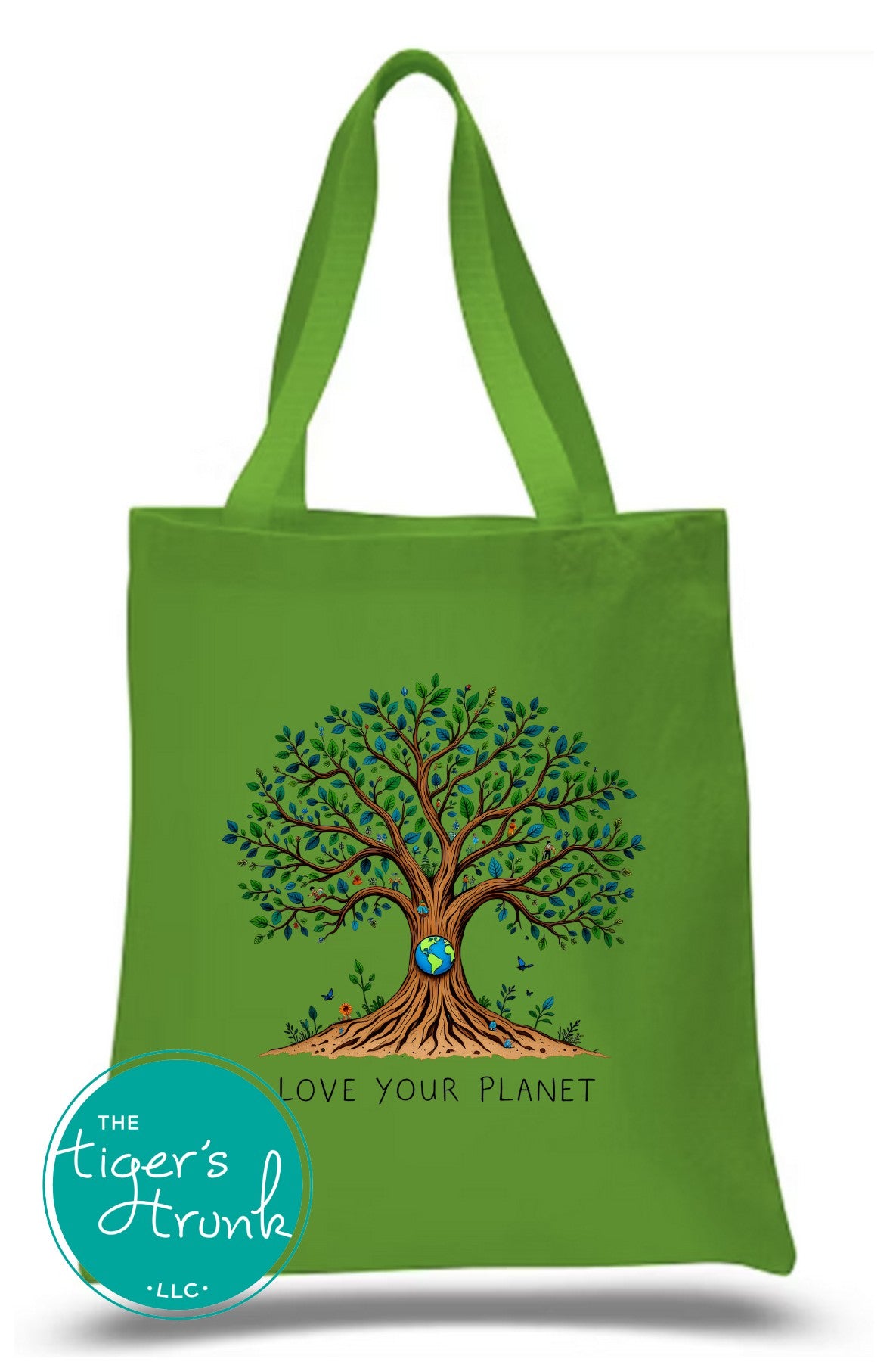 Cotton canvas tote bag with "Love Your Planet" and a tree with globe design, reusable and sturdy for books, groceries, or everyday use