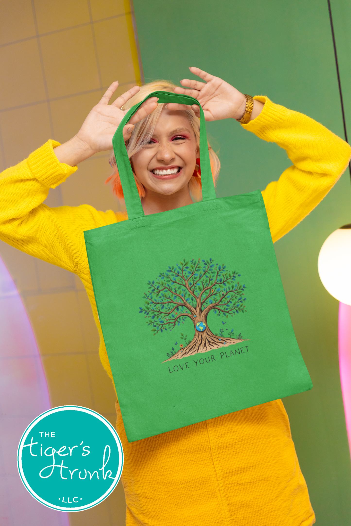 Cotton canvas tote bag with "Love Your Planet" and a tree with globe design, reusable and sturdy for books, groceries, or everyday use