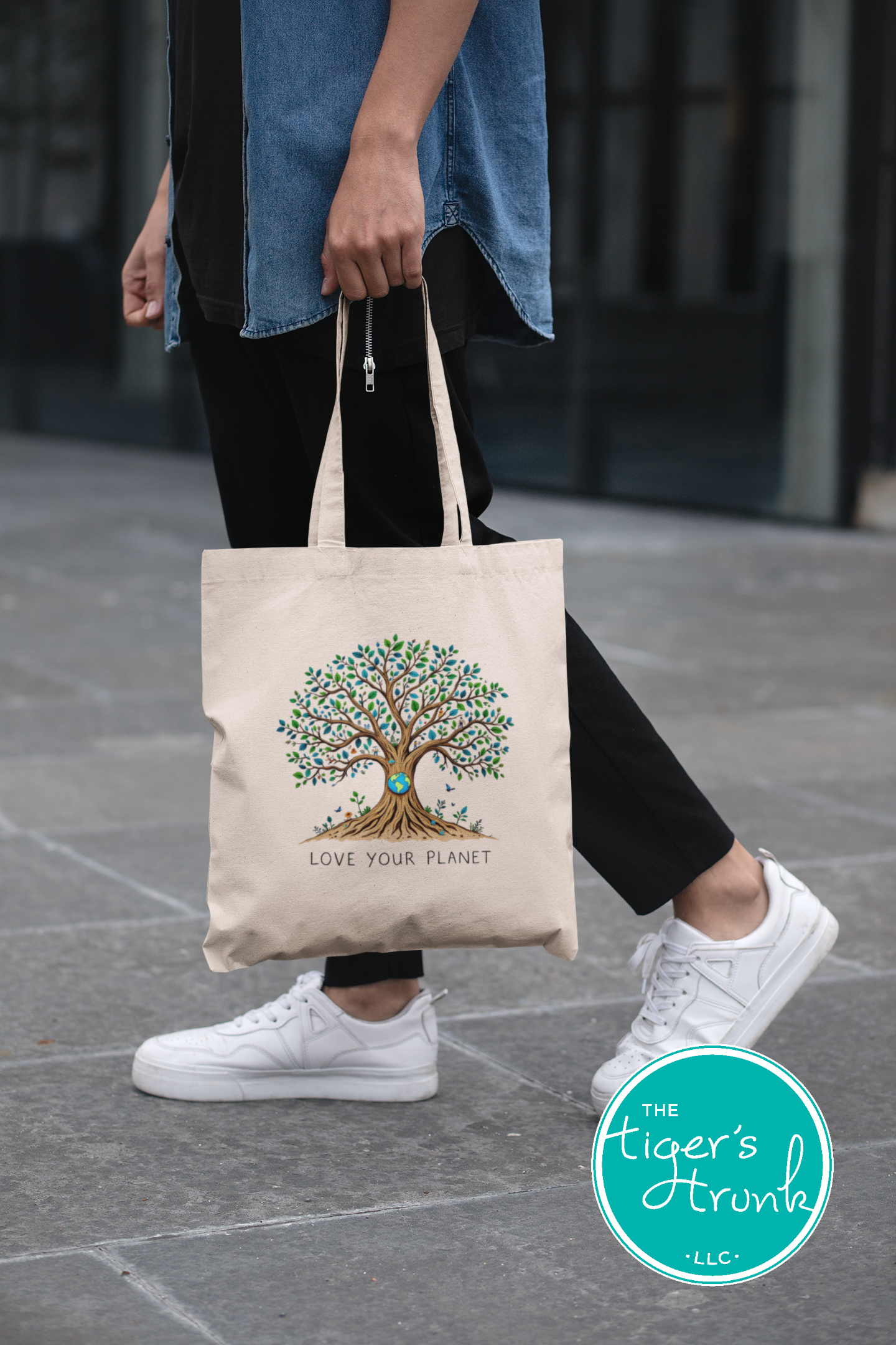 Cotton canvas tote bag with "Love Your Planet" and a tree with globe design, reusable and sturdy for books, groceries, or everyday use