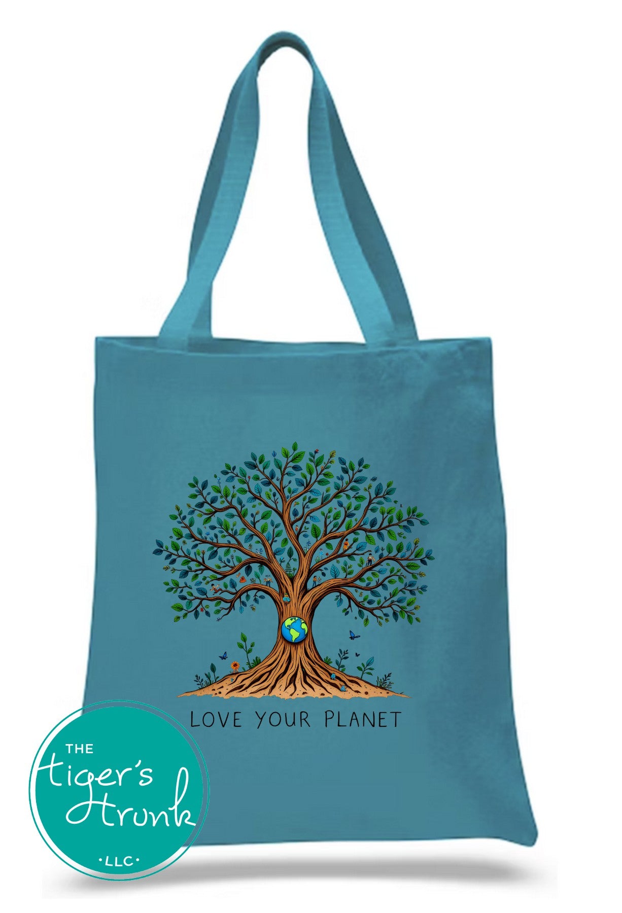 Cotton canvas tote bag with "Love Your Planet" and a tree with globe design, reusable and sturdy for books, groceries, or everyday use