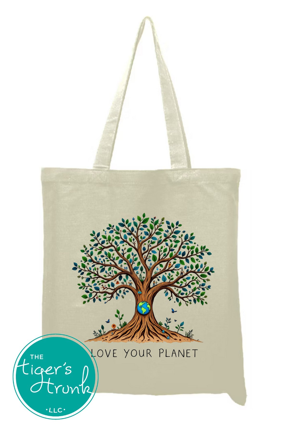 Cotton canvas tote bag with "Love Your Planet" and a tree with globe design, reusable and sturdy for books, groceries, or everyday use