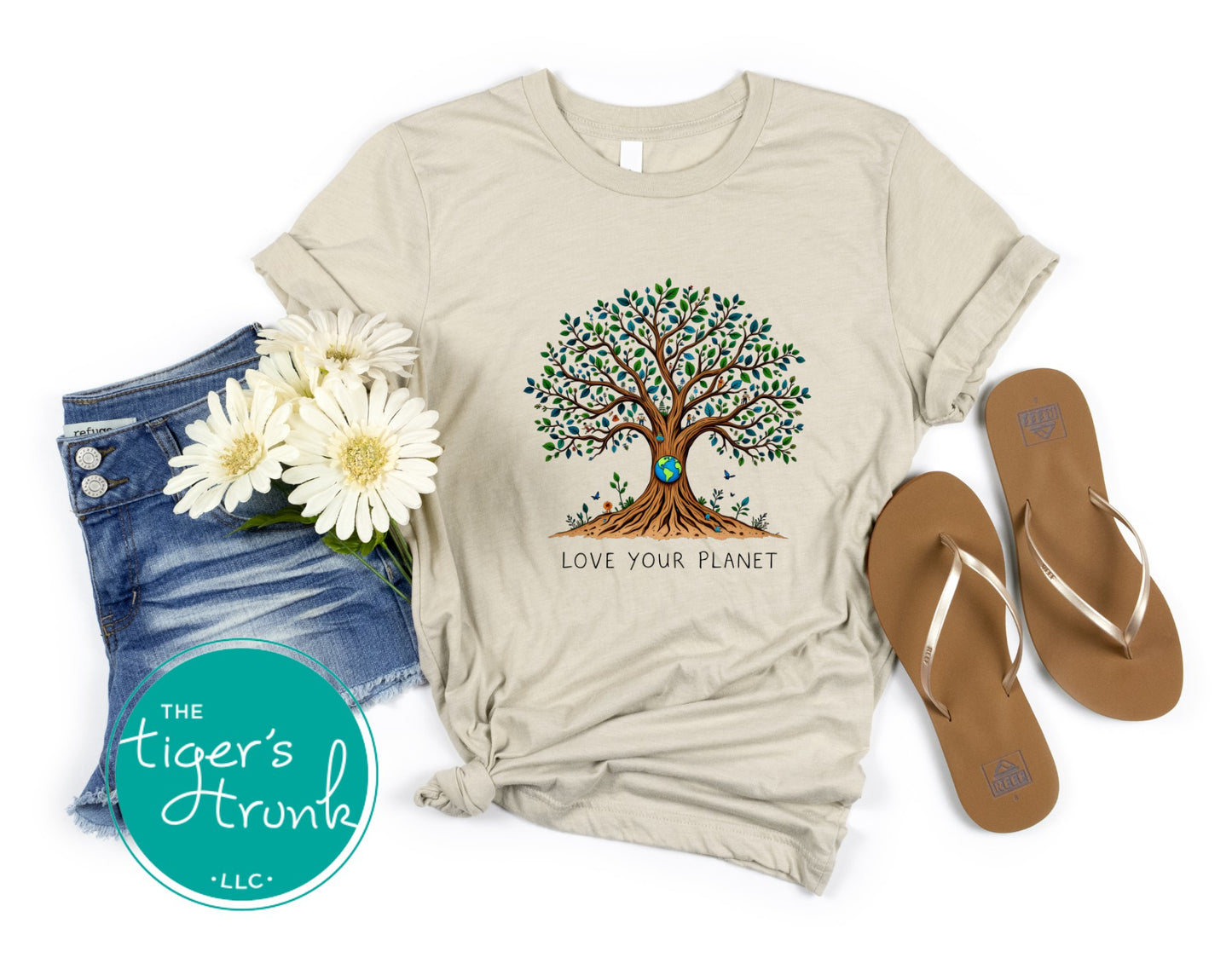 T-shirt with "Love Your Planet" message and tree with Earth design, perfect for eco-conscious wear, nature lovers, and Earth Day events