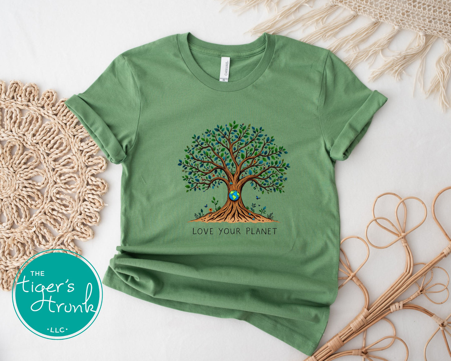 T-shirt with "Love Your Planet" message and tree with Earth design, perfect for eco-conscious wear, nature lovers, and Earth Day events