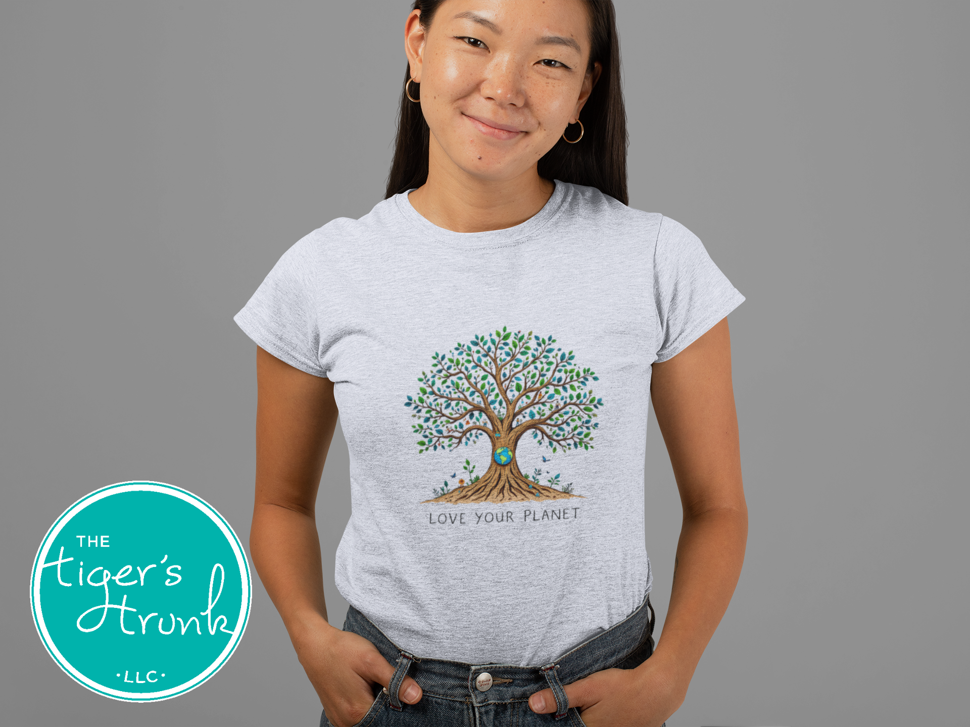 T-shirt with "Love Your Planet" message and tree with Earth design, perfect for eco-conscious wear, nature lovers, and Earth Day events
