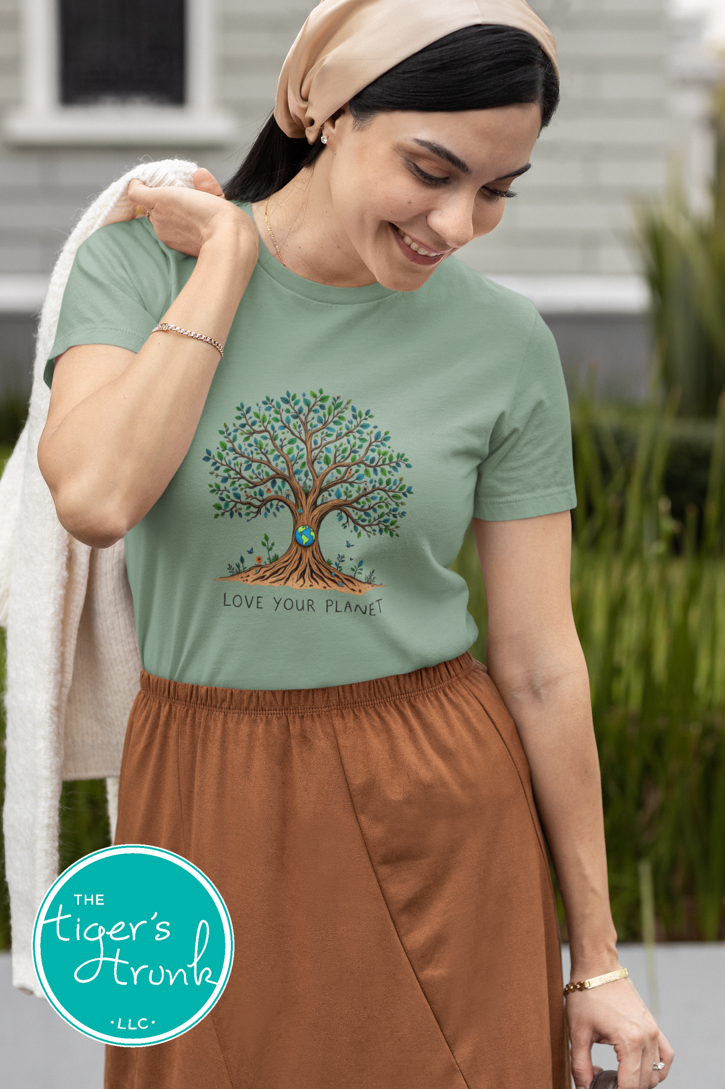 T-shirt with "Love Your Planet" message and tree with Earth design, perfect for eco-conscious wear, nature lovers, and Earth Day events