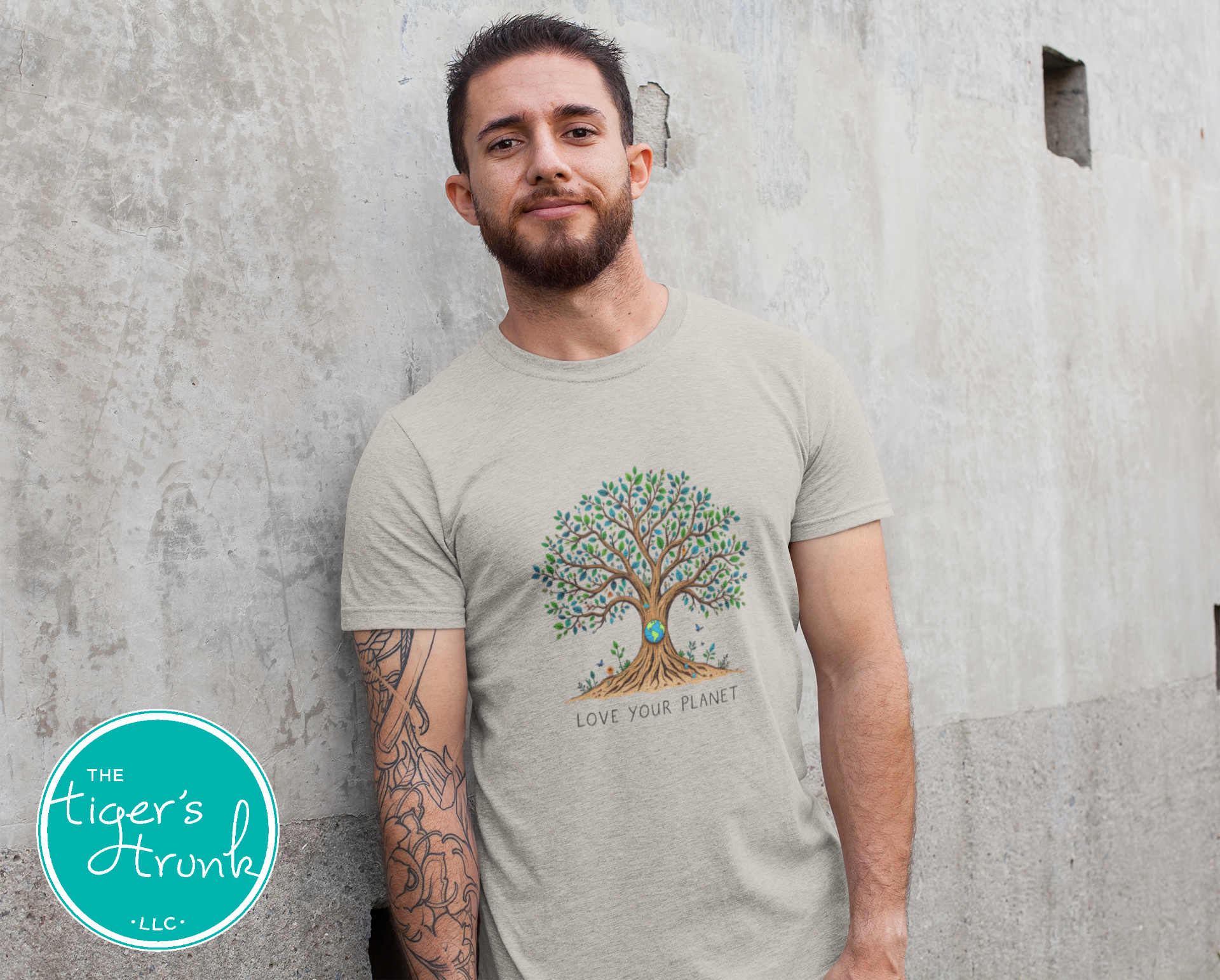 T-shirt with "Love Your Planet" message and tree with Earth design, perfect for eco-conscious wear, nature lovers, and Earth Day events