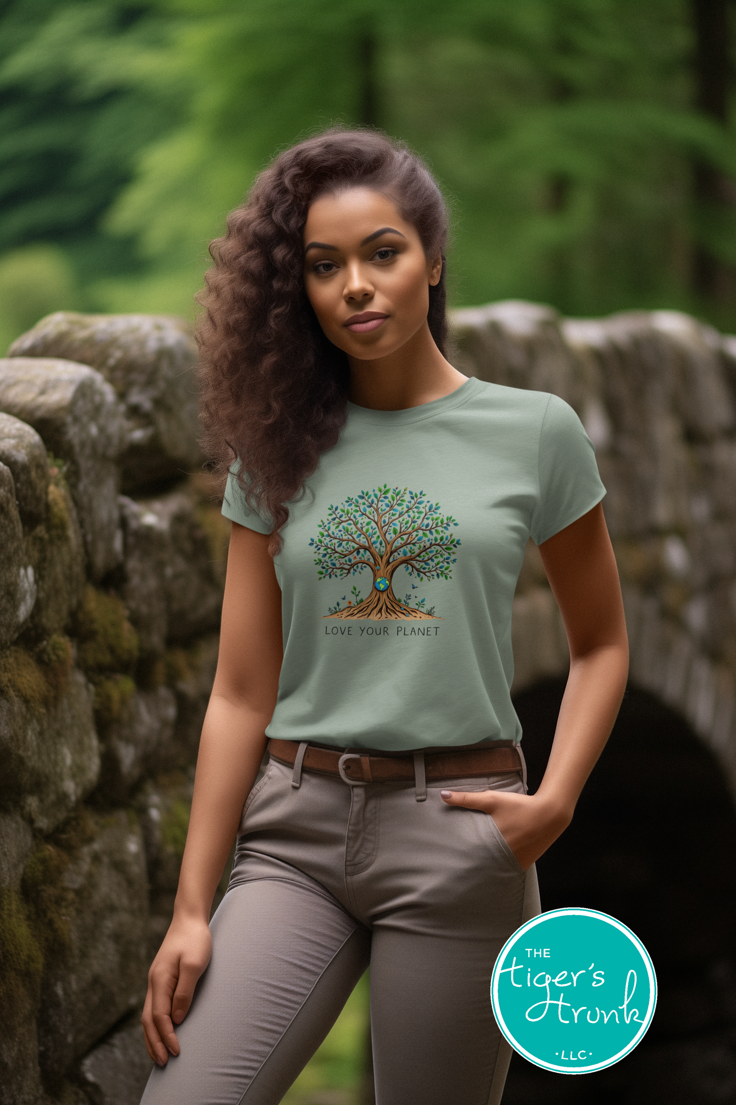 T-shirt with "Love Your Planet" message and tree with Earth design, perfect for eco-conscious wear, nature lovers, and Earth Day events