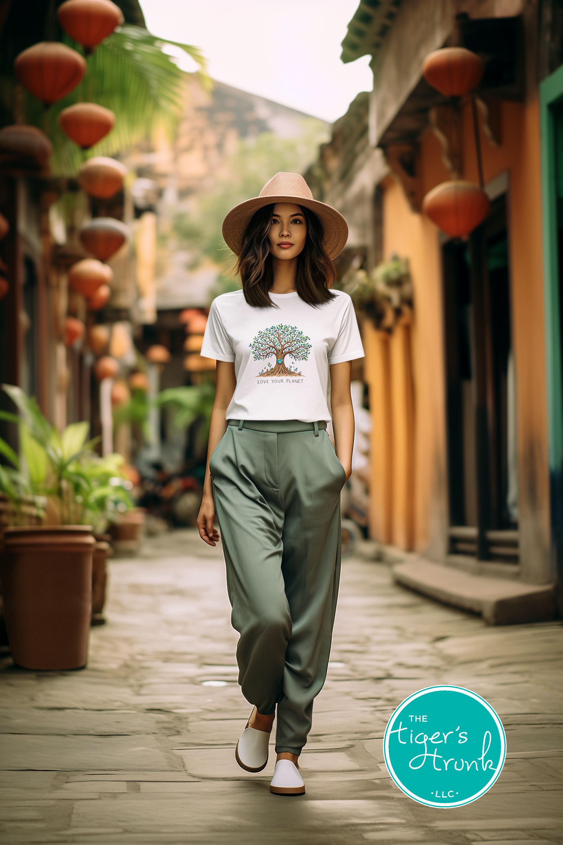 T-shirt with "Love Your Planet" message and tree with Earth design, perfect for eco-conscious wear, nature lovers, and Earth Day events