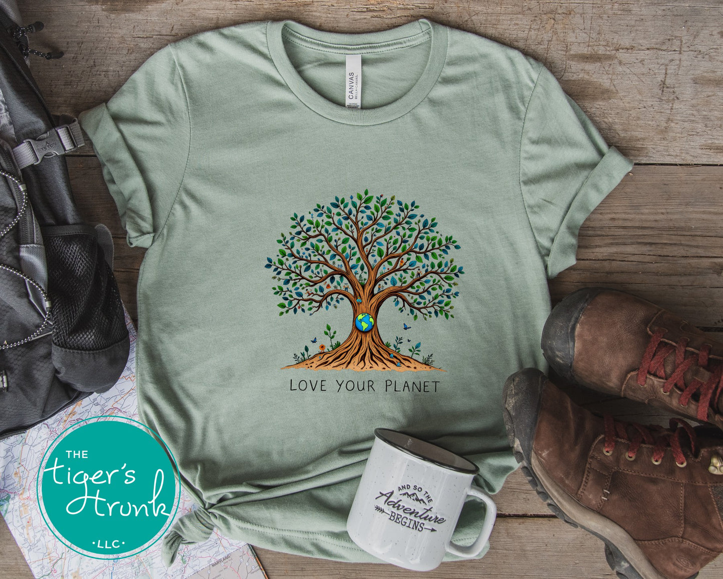 T-shirt with "Love Your Planet" message and tree with Earth design, perfect for eco-conscious wear, nature lovers, and Earth Day events