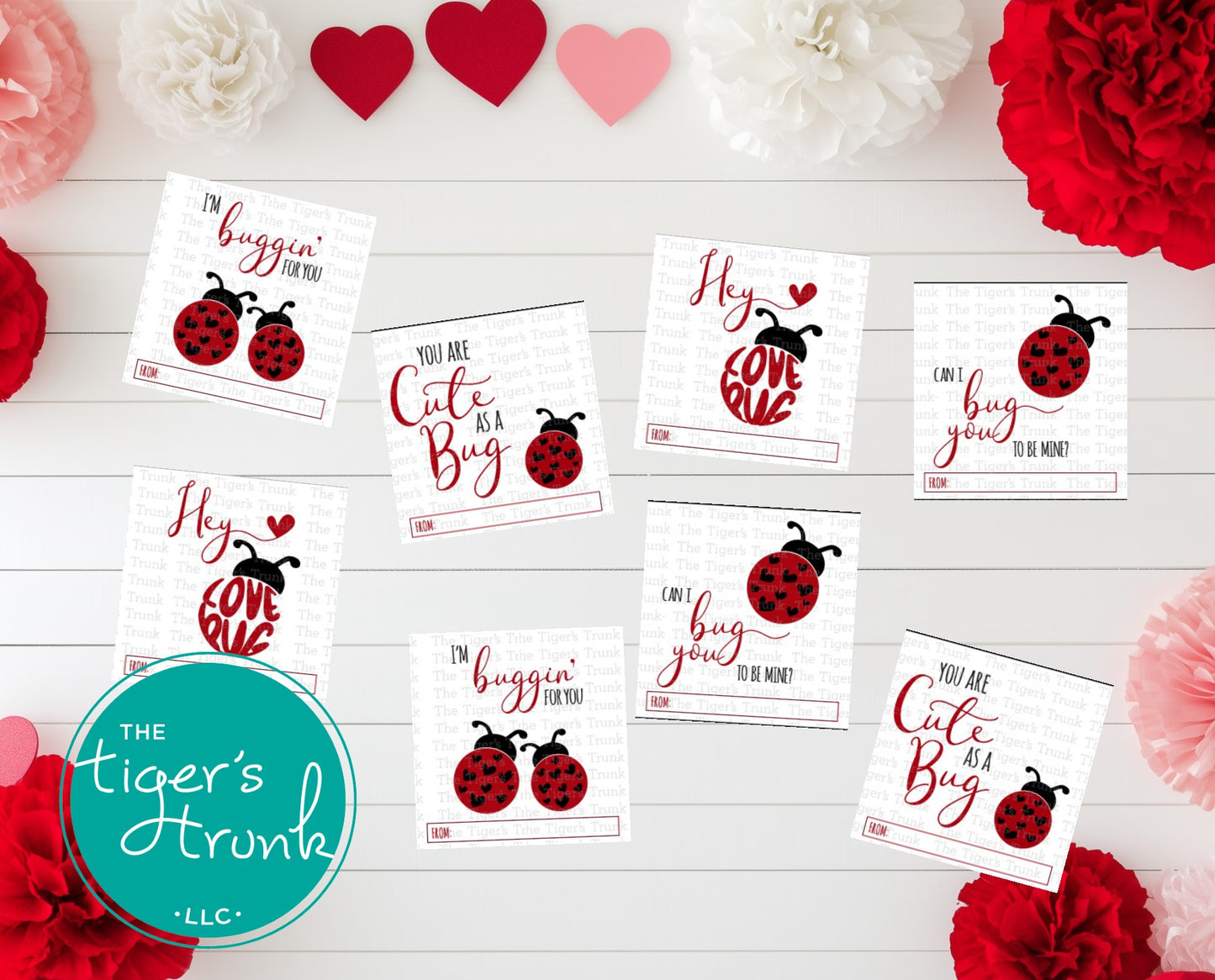 Ladybug-themed Valentine’s tags with messages like "Can I Bug You to Be Mine?" and "You Are Cute as a Bug," ideal for gift bags and classroom exchanges.