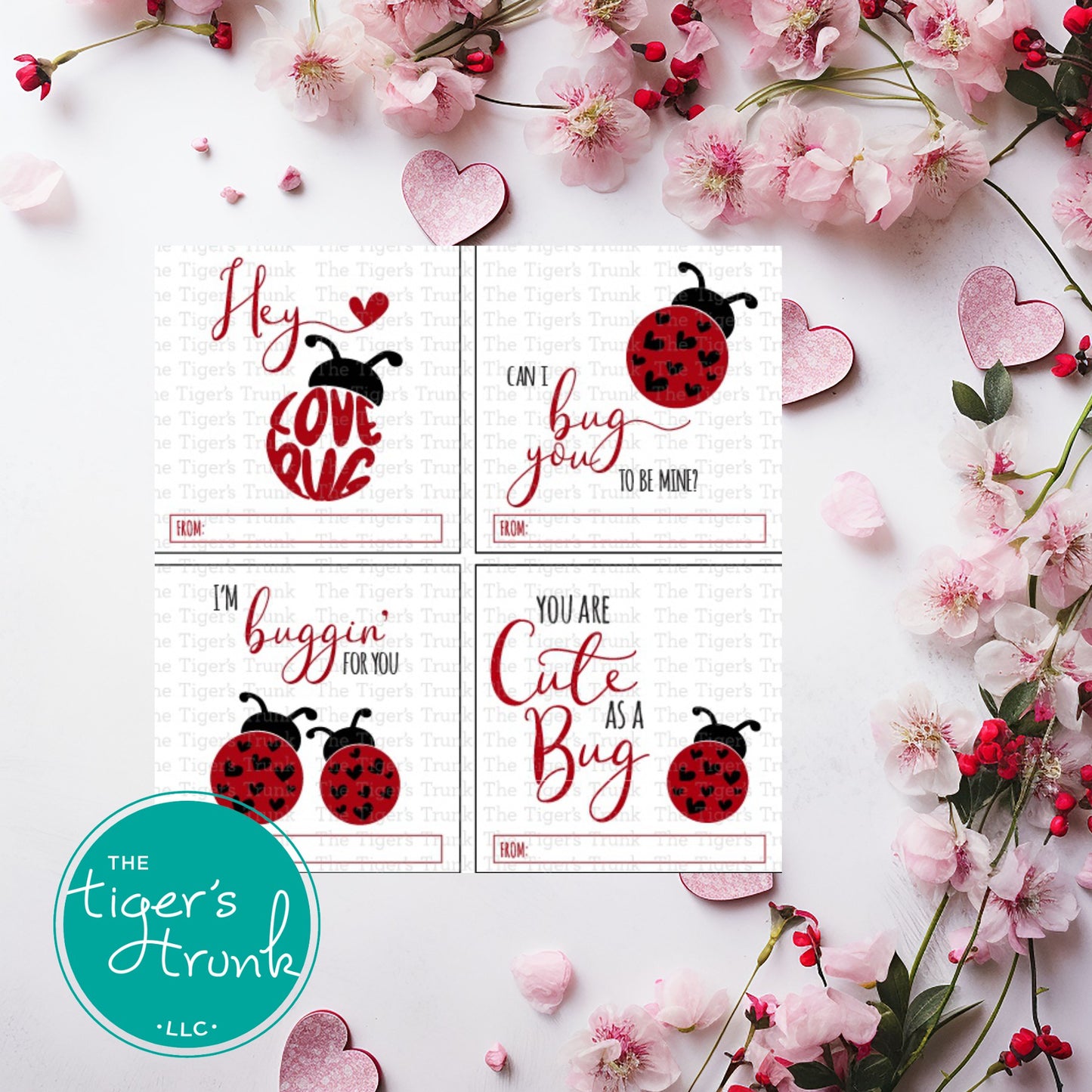 Ladybug-themed Valentine’s tags with messages like "Can I Bug You to Be Mine?" and "You Are Cute as a Bug," ideal for gift bags and classroom exchanges.