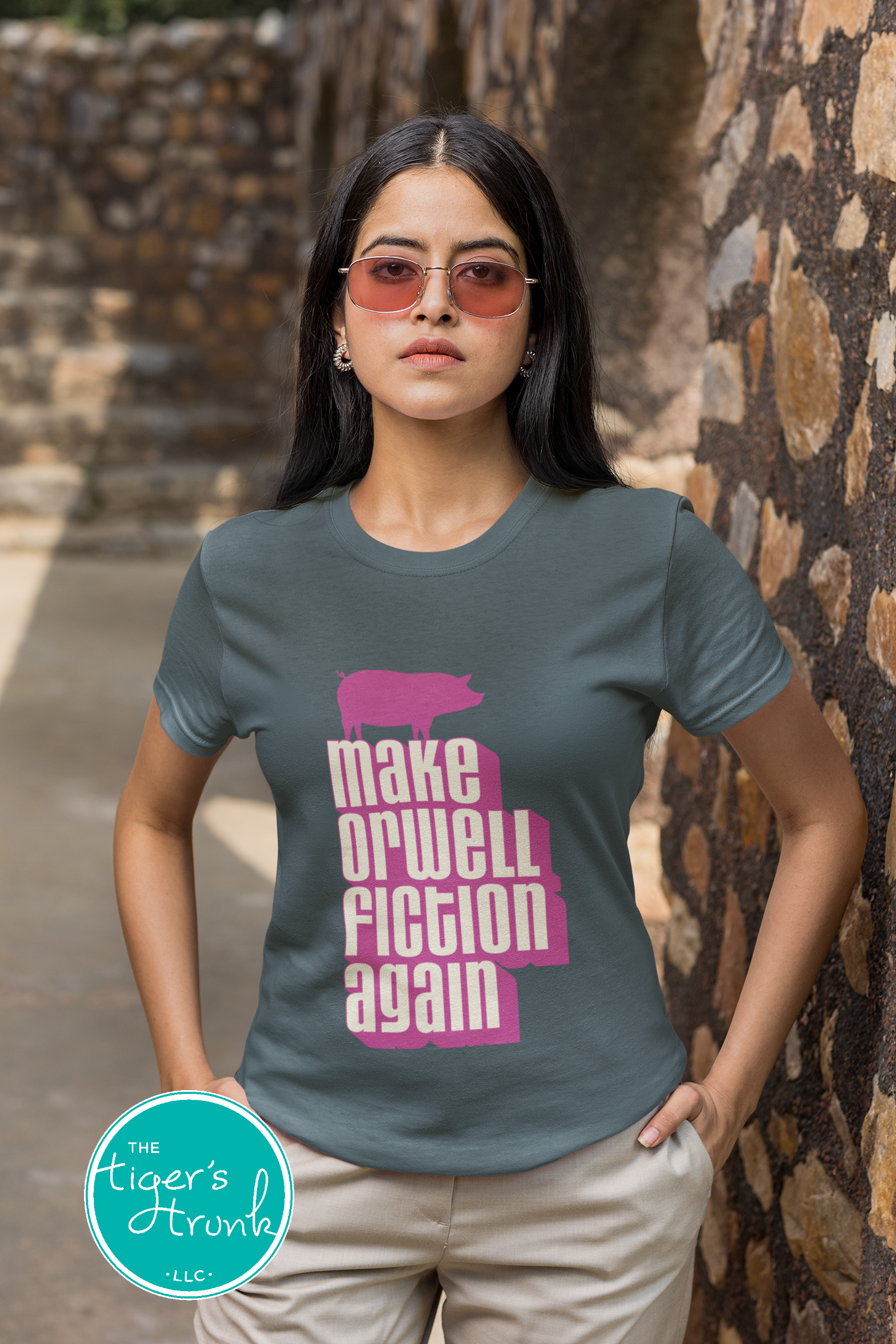 Political activism t-shirt with Make Orwell Fiction Again message, free speech, government overreach warning, and dystopian satire