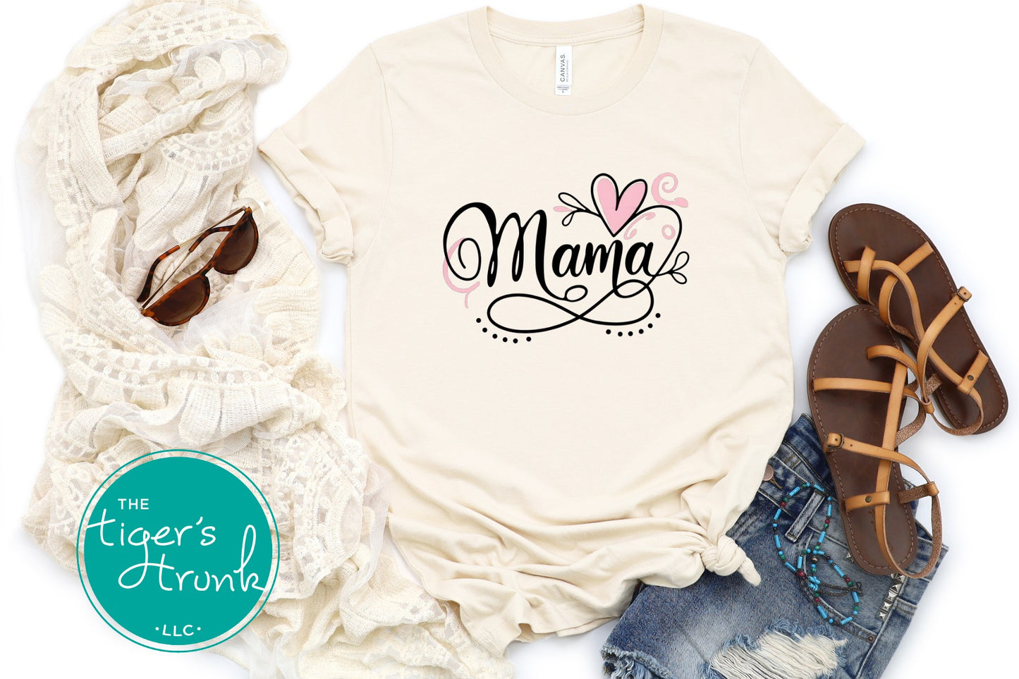 T-shirt with Mama in elegant script and an infinity symbol, minimalist and classic design for stylish moms