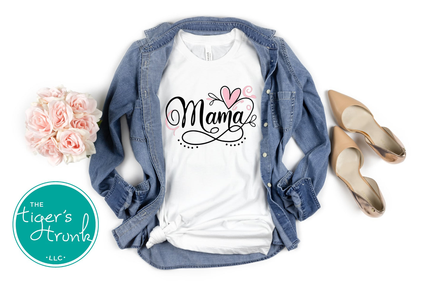 T-shirt with Mama in elegant script and an infinity symbol, minimalist and classic design for stylish moms