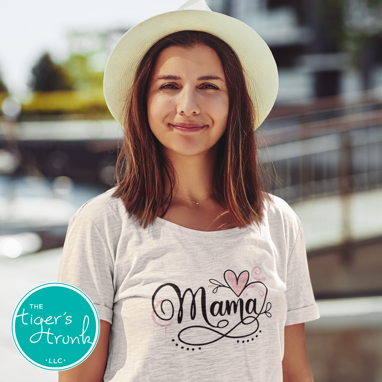 T-shirt with Mama in elegant script and an infinity symbol, minimalist and classic design for stylish moms
