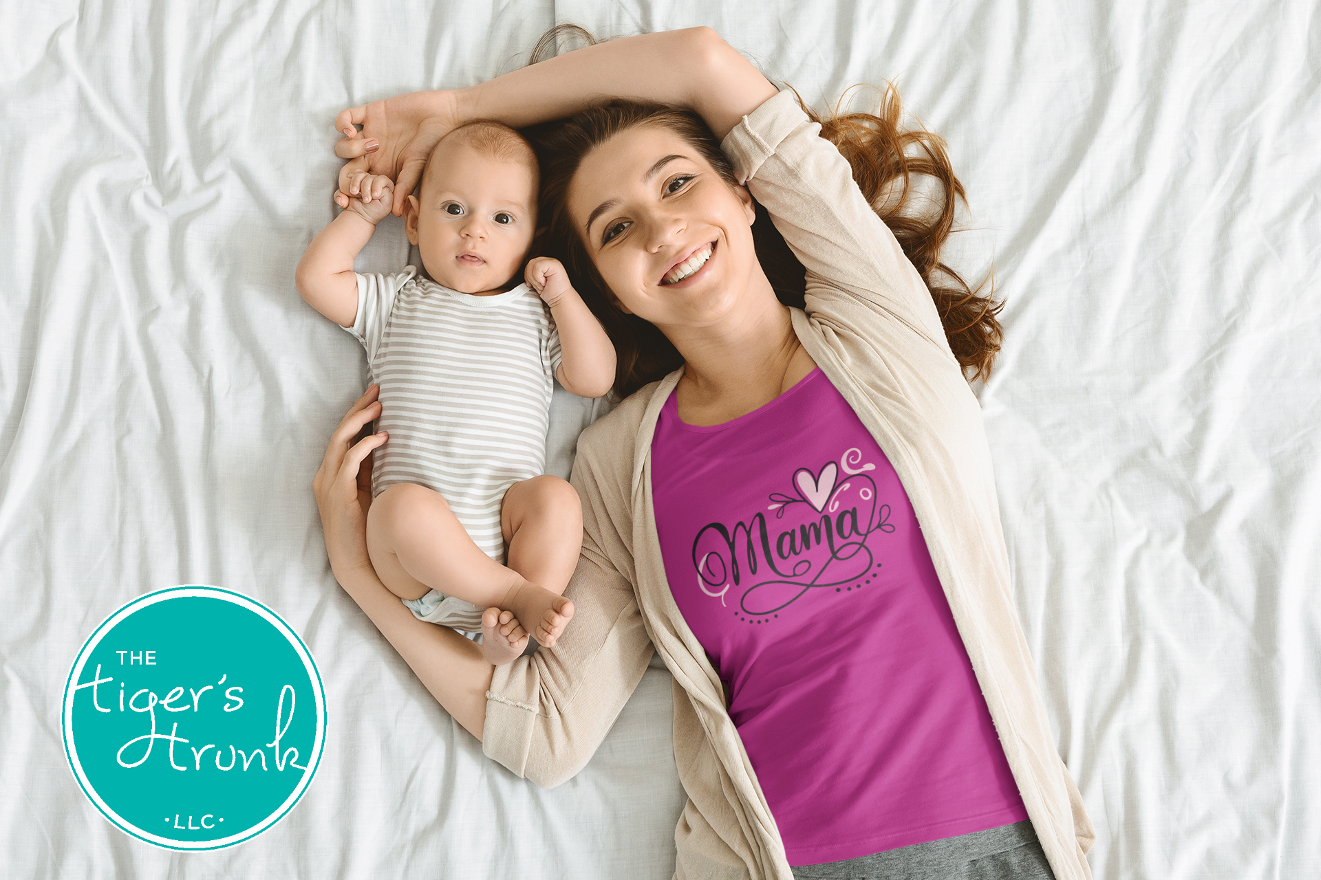 T-shirt with Mama in elegant script and an infinity symbol, minimalist and classic design for stylish moms