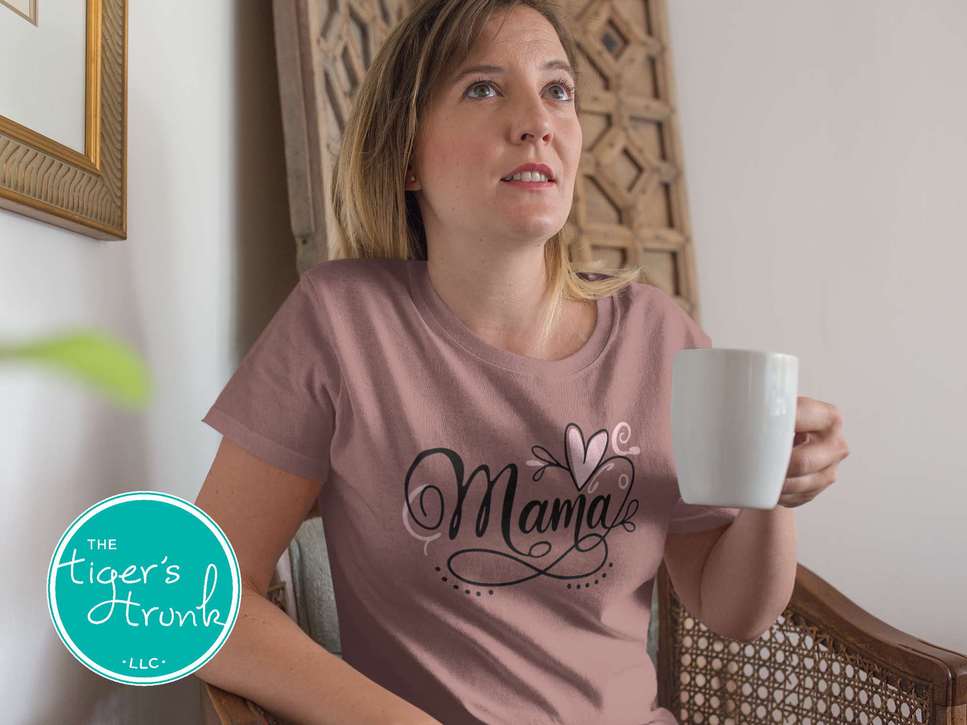 T-shirt with Mama in elegant script and an infinity symbol, minimalist and classic design for stylish moms