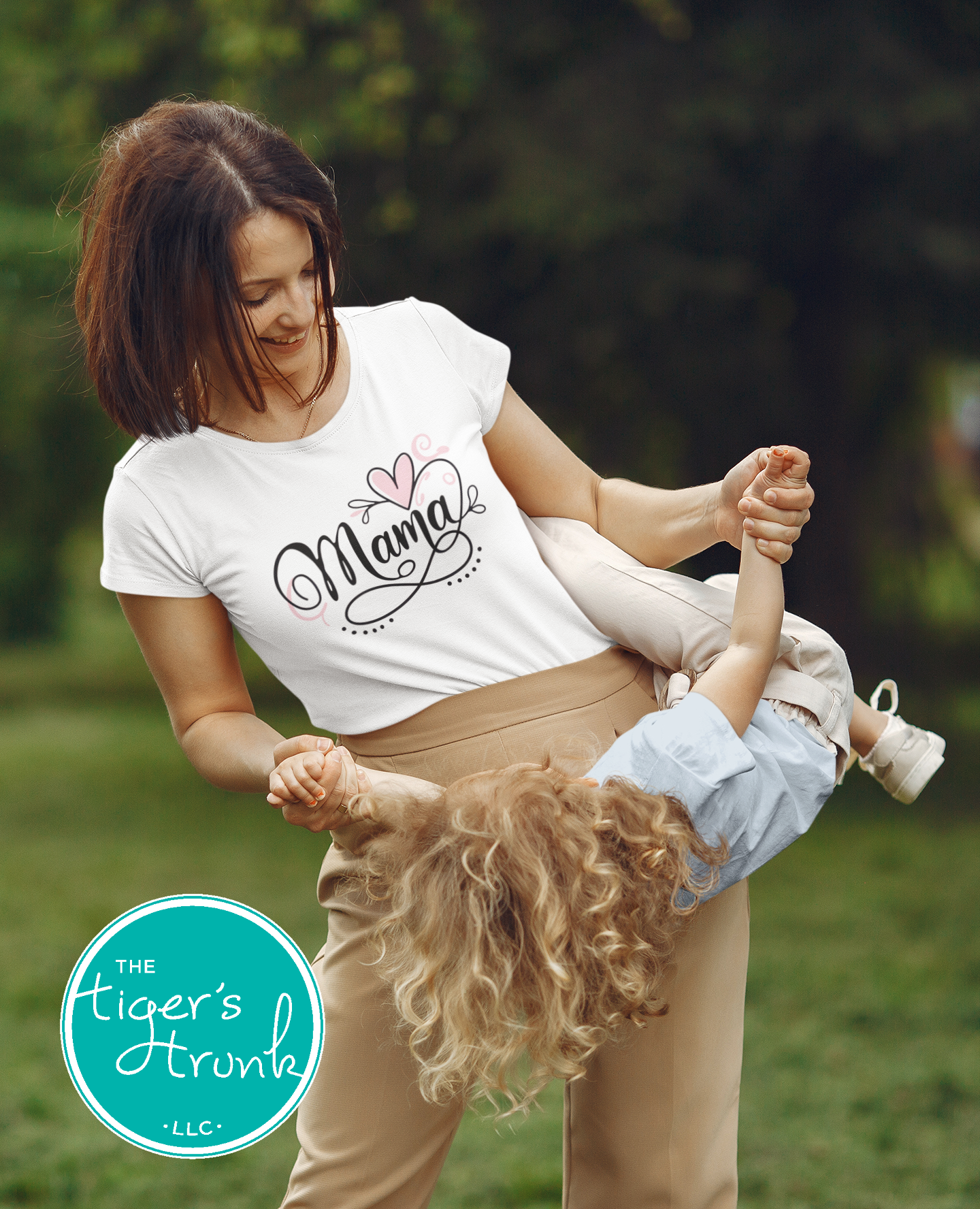 T-shirt with Mama in elegant script and an infinity symbol, minimalist and classic design for stylish moms