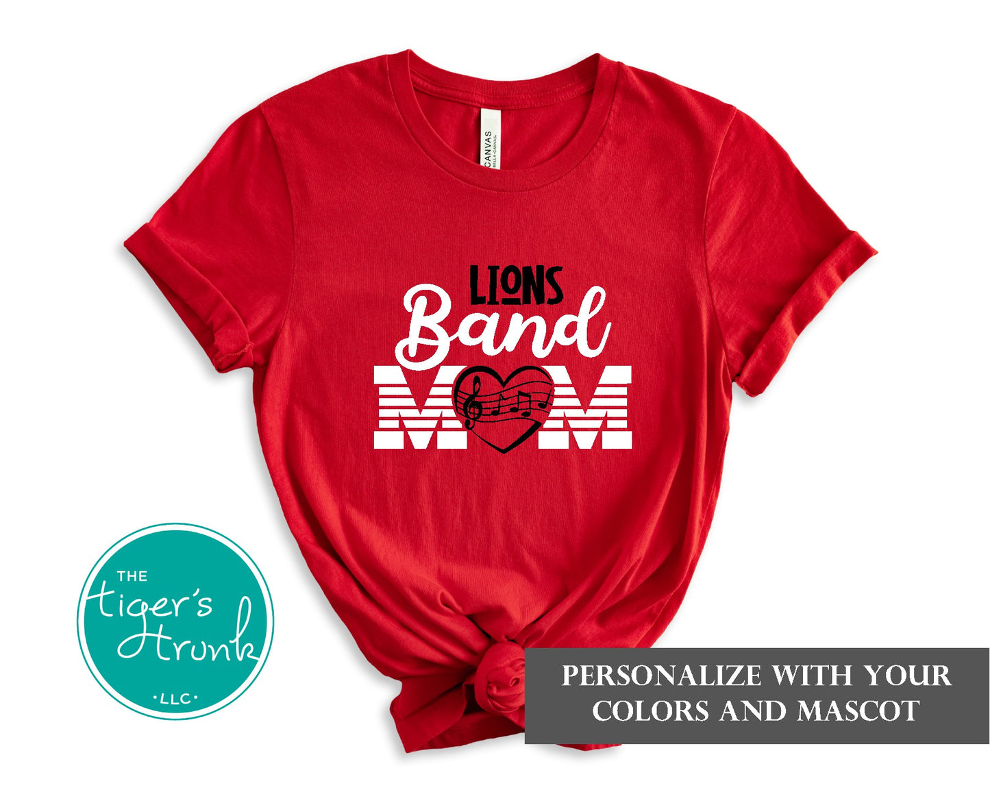 Red t-shirt with 'Lions Band Mom' design on a white background