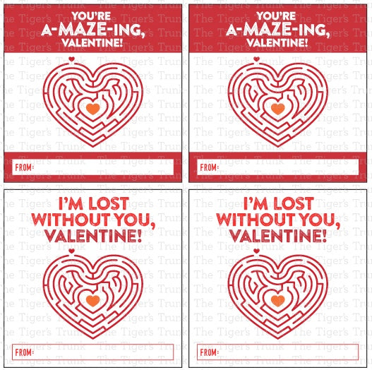 Maze-themed Valentine tags with messages like "You’re Amazing" and "I’m Lost Without You," perfect for kids and treat bags.