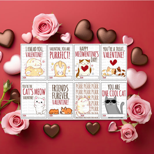 Valentine’s cards with a cat theme and messages like "I Knead You" and "You’re the Cat’s Meow."