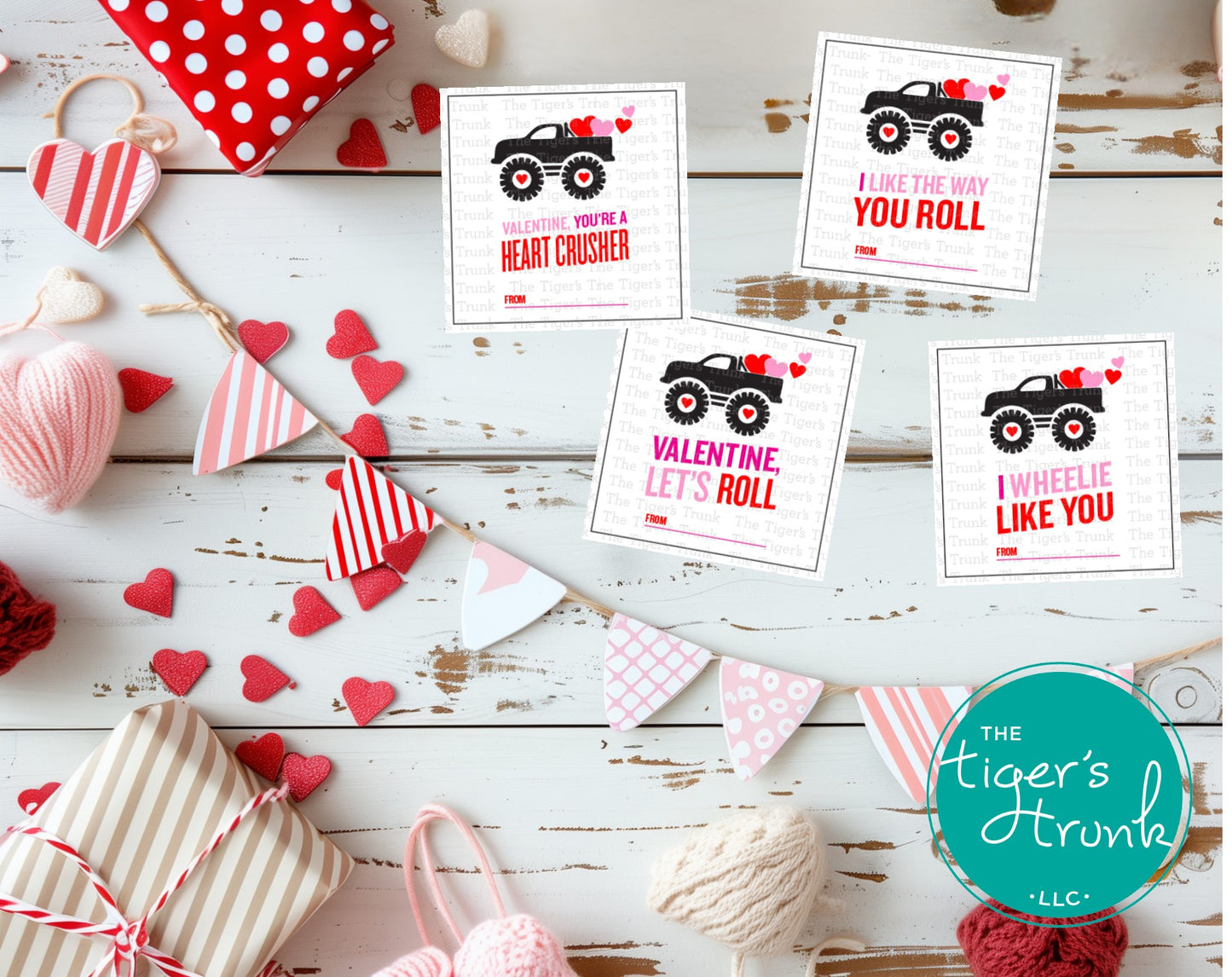 Printable Valentine’s Day cards featuring monster trucks and hearts, instant download with 4 unique designs for kids.