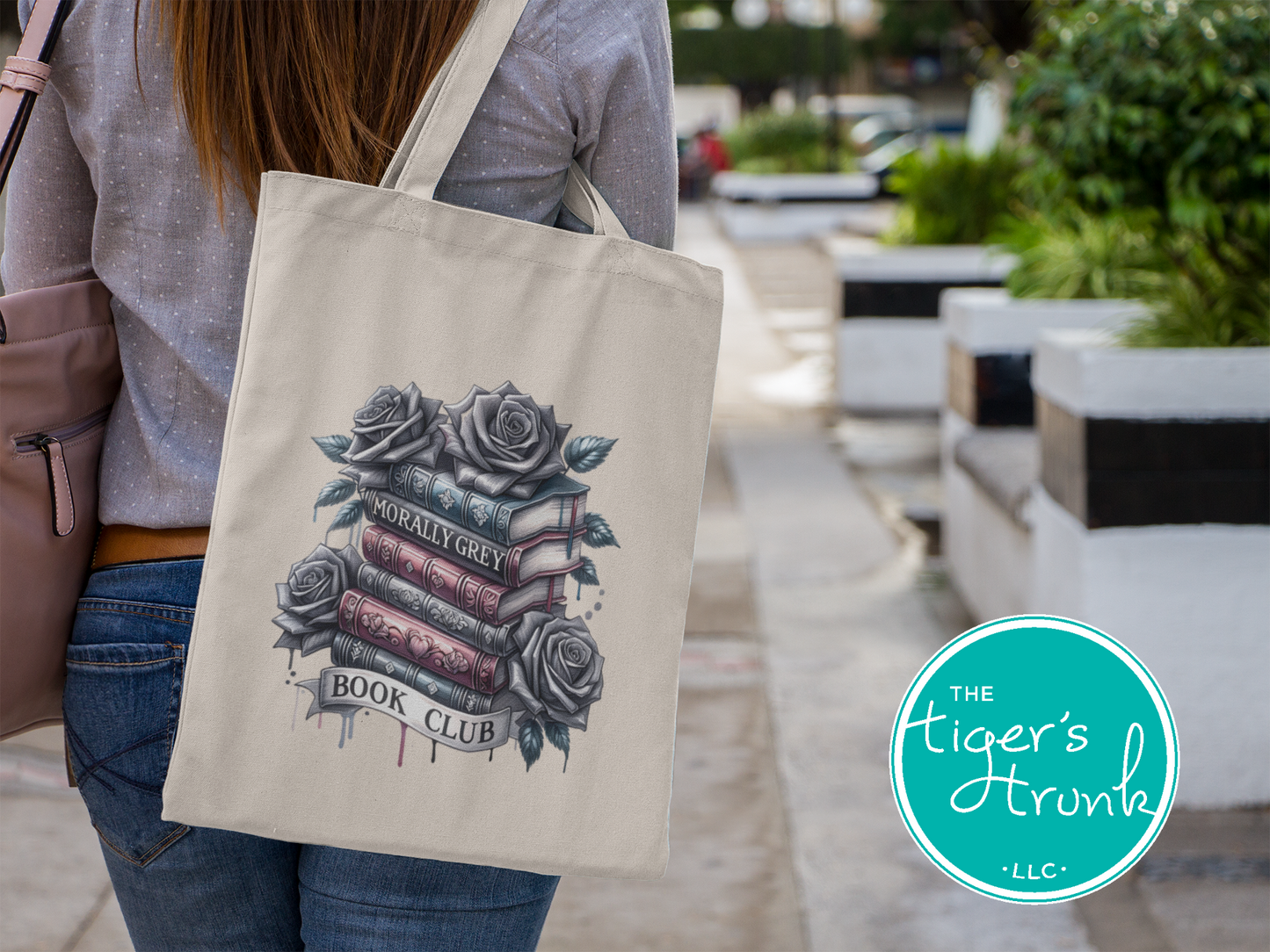 Polyester canvas tote bag with "Morally Grey Book Club" design, featuring large main section and outer pocket, ideal for book lovers and romance readers