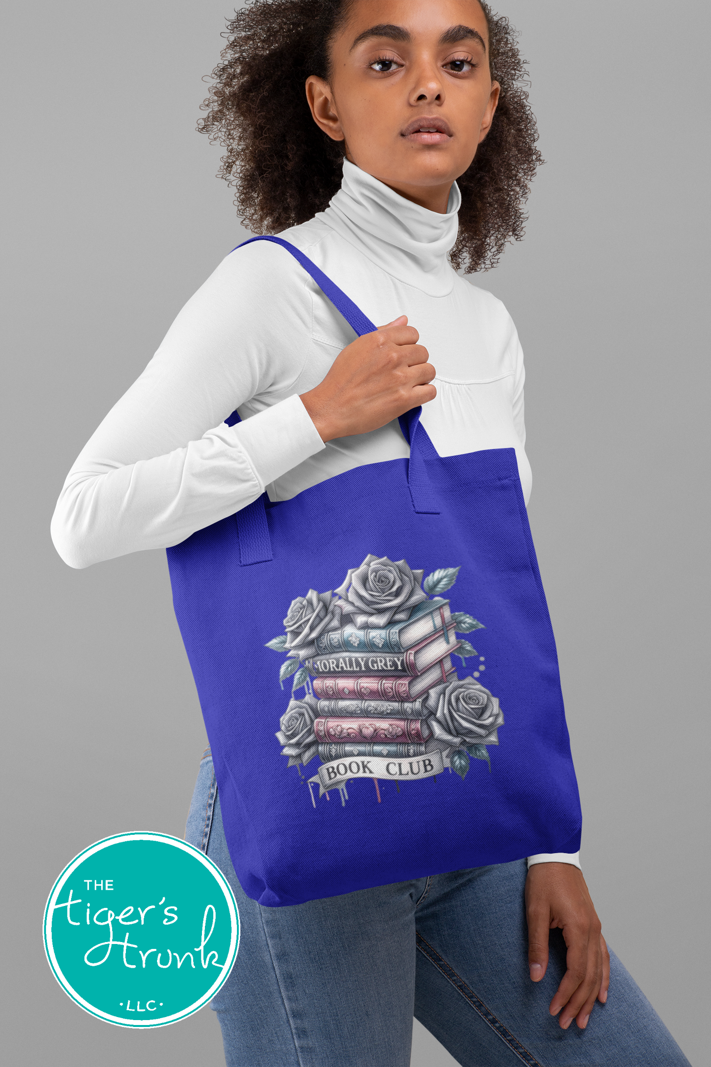 Polyester canvas tote bag with "Morally Grey Book Club" design, featuring large main section and outer pocket, ideal for book lovers and romance readers