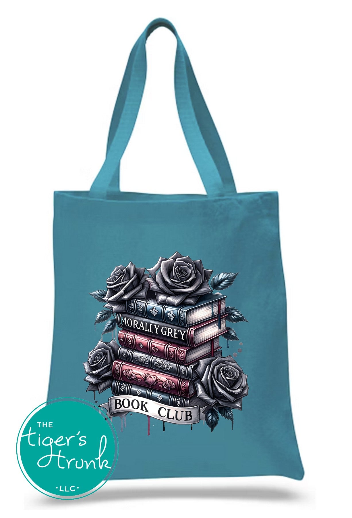 Polyester canvas tote bag with "Morally Grey Book Club" design, featuring large main section and outer pocket, ideal for book lovers and romance readers