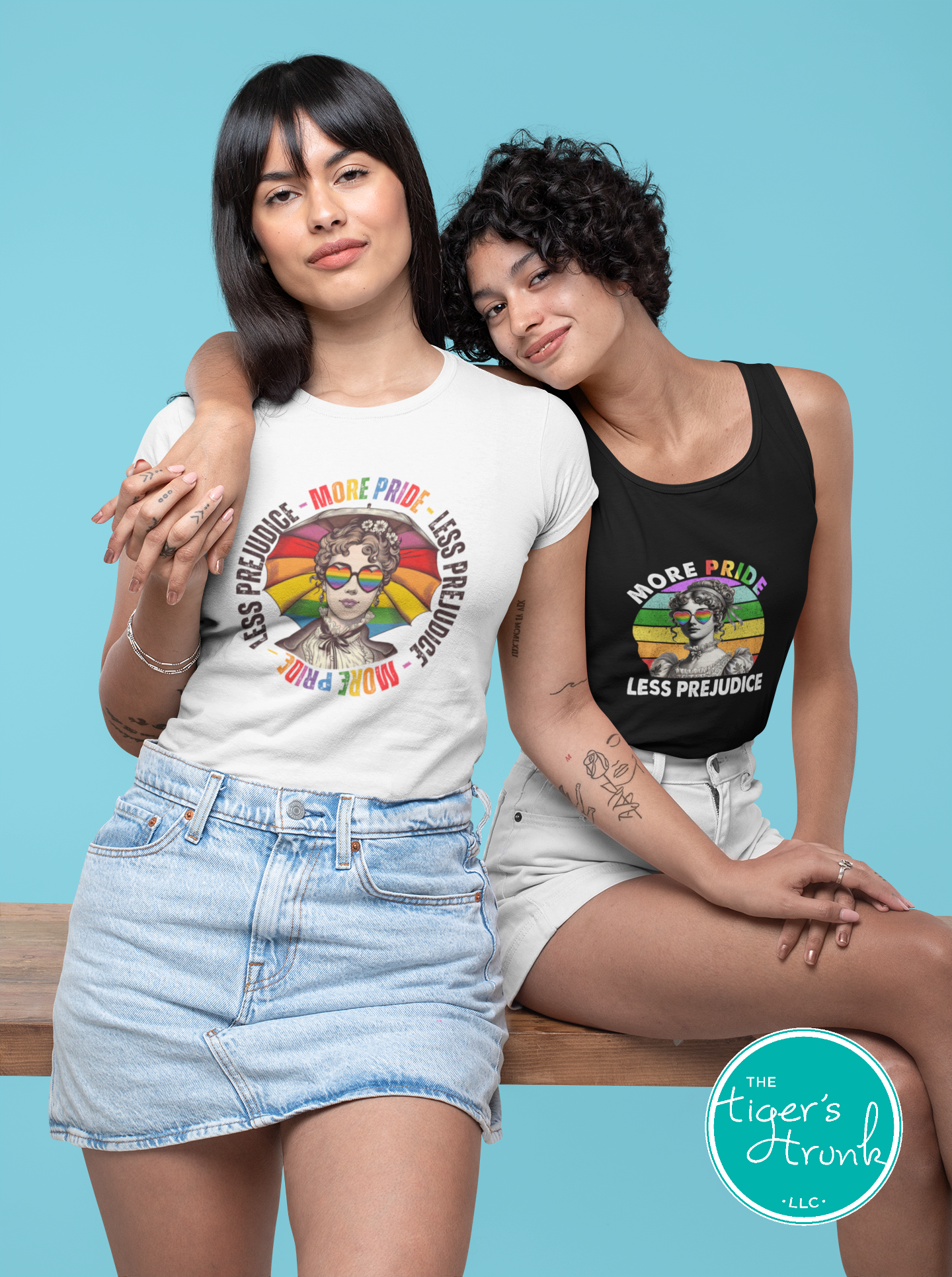 Graphic t-shirt with the phrase "More Pride Less Prejudice," inclusive Pride tee for LGBTQ+ supporters, available in tee, tank, or sweatshirt; Muscle tank top with the phrase "More Pride Less Prejudice," sleeveless Pride shirt for LGBTQ+ supporters, readers, and allies