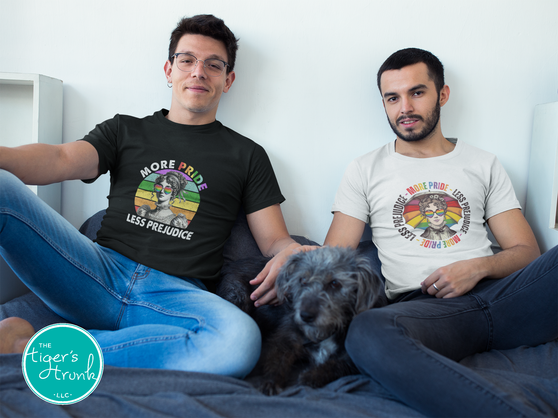Graphic t-shirt with the phrase "More Pride Less Prejudice," inclusive Pride tee for LGBTQ+ supporters, available in tee, tank, or sweatshirt
