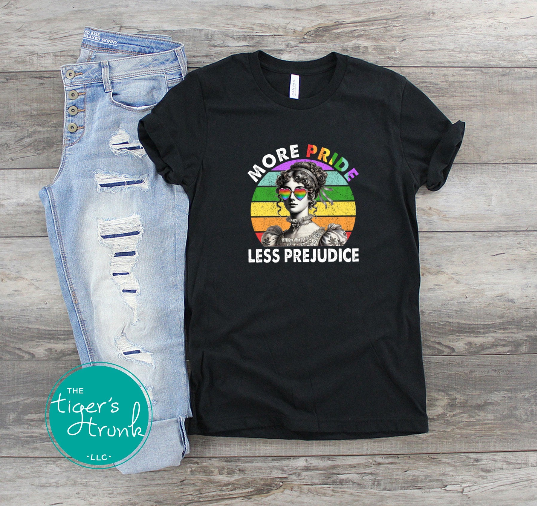 Graphic t-shirt with the phrase "More Pride Less Prejudice," inclusive Pride tee for LGBTQ+ supporters, available in tee, tank, or sweatshirt