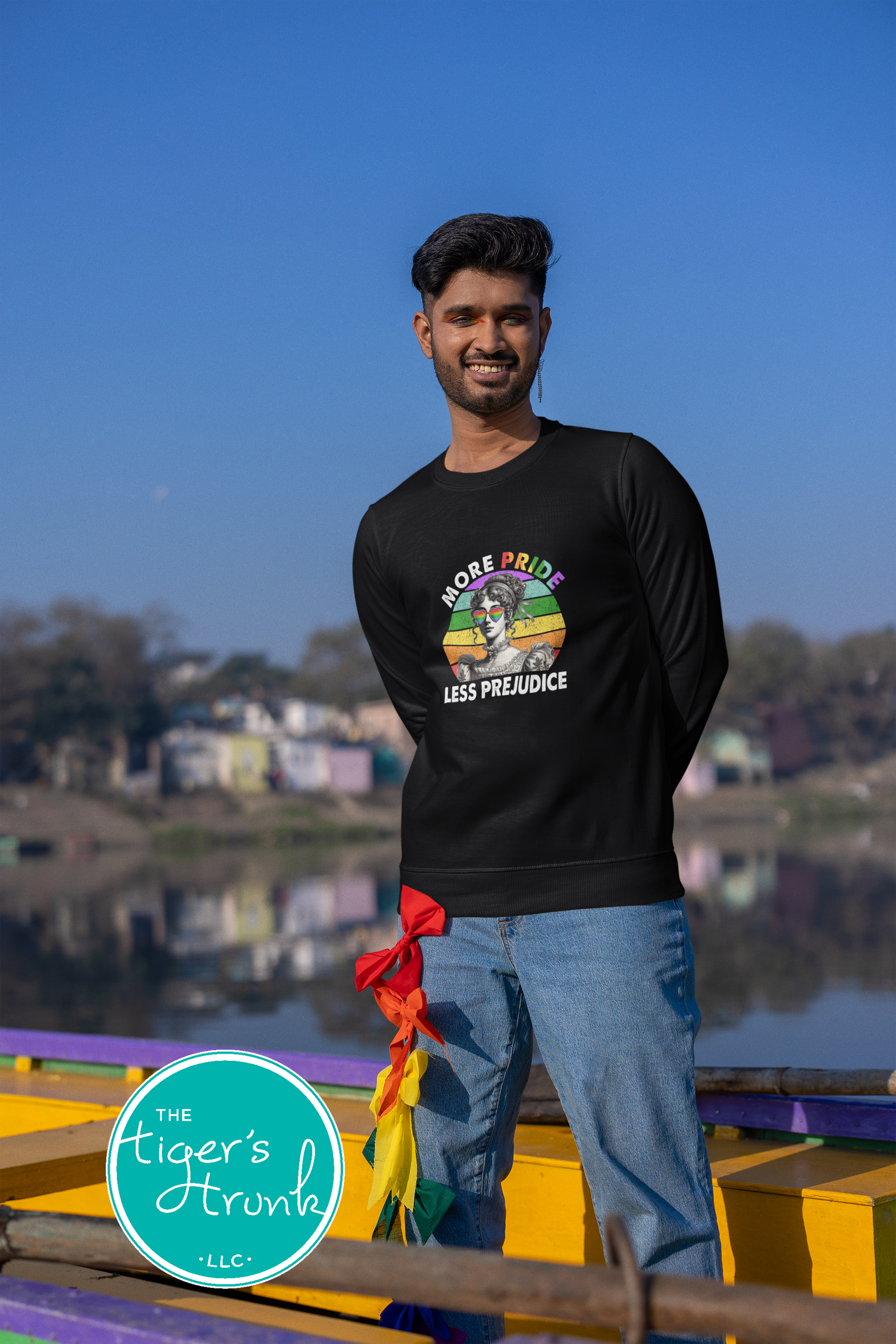 Sweatshirt with the phrase "More Pride Less Prejudice," cozy LGBTQ+ support apparel for readers, allies, and Pride advocates