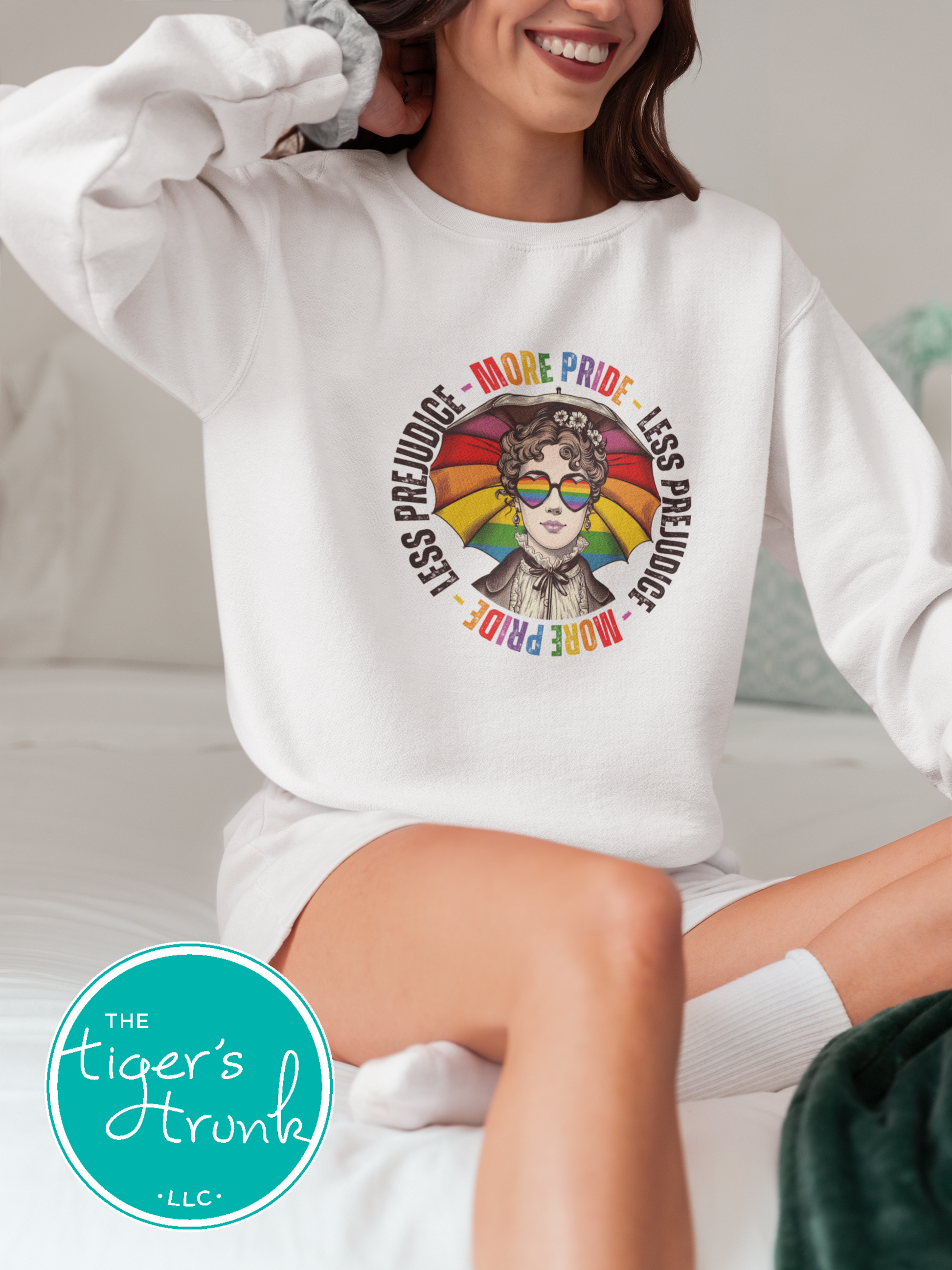 Sweatshirt with the phrase "More Pride Less Prejudice," cozy LGBTQ+ support apparel for readers, allies, and Pride advocates