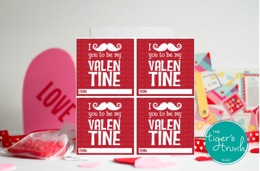 Printable mustache-themed Valentine tags with a funny pun, instant download non-candy Valentine gifts for classroom exchanges and party favors.