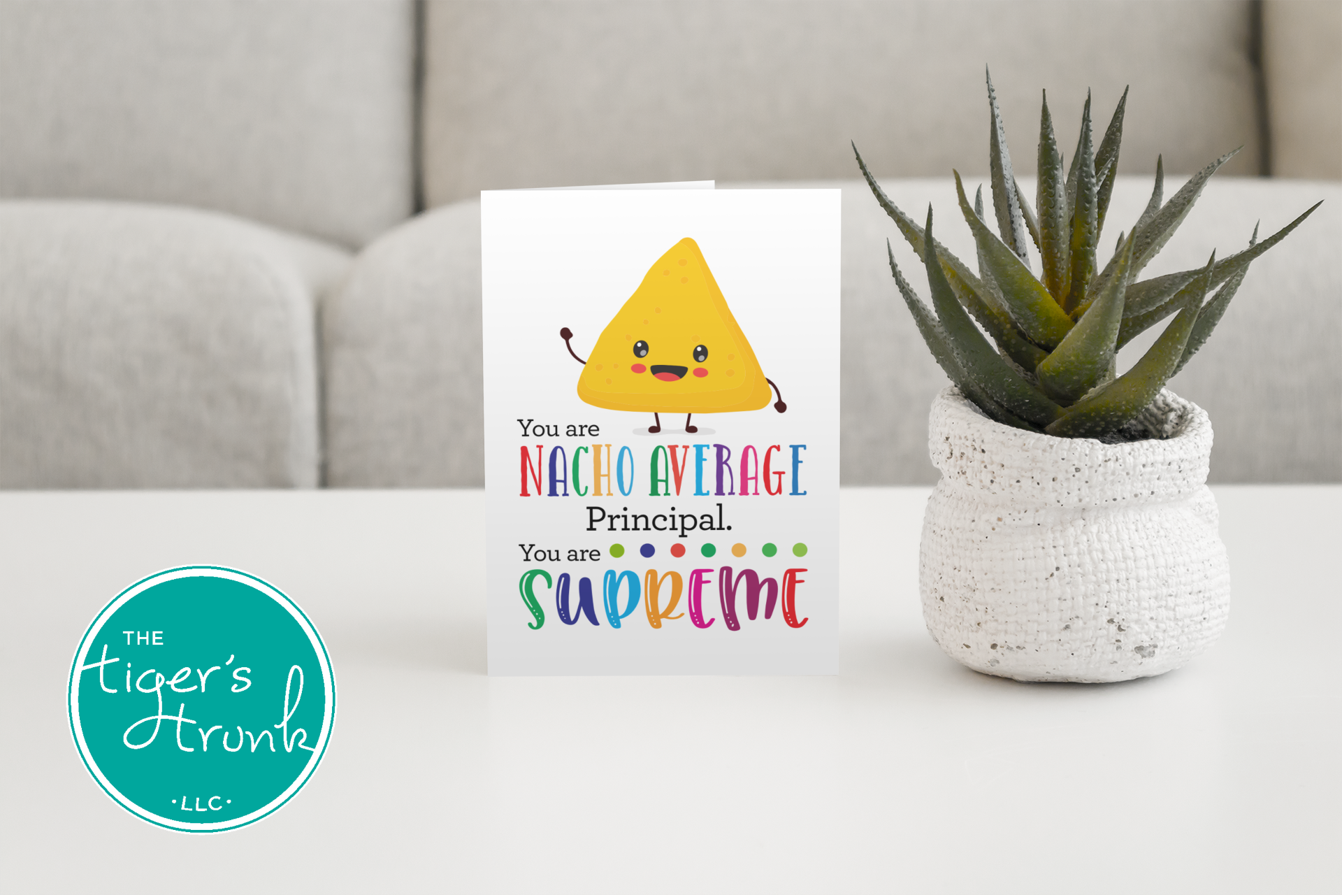 Printable Principal Appreciation card with a nacho theme and a fun thank-you message, available as an instant digital download in PDF format.
