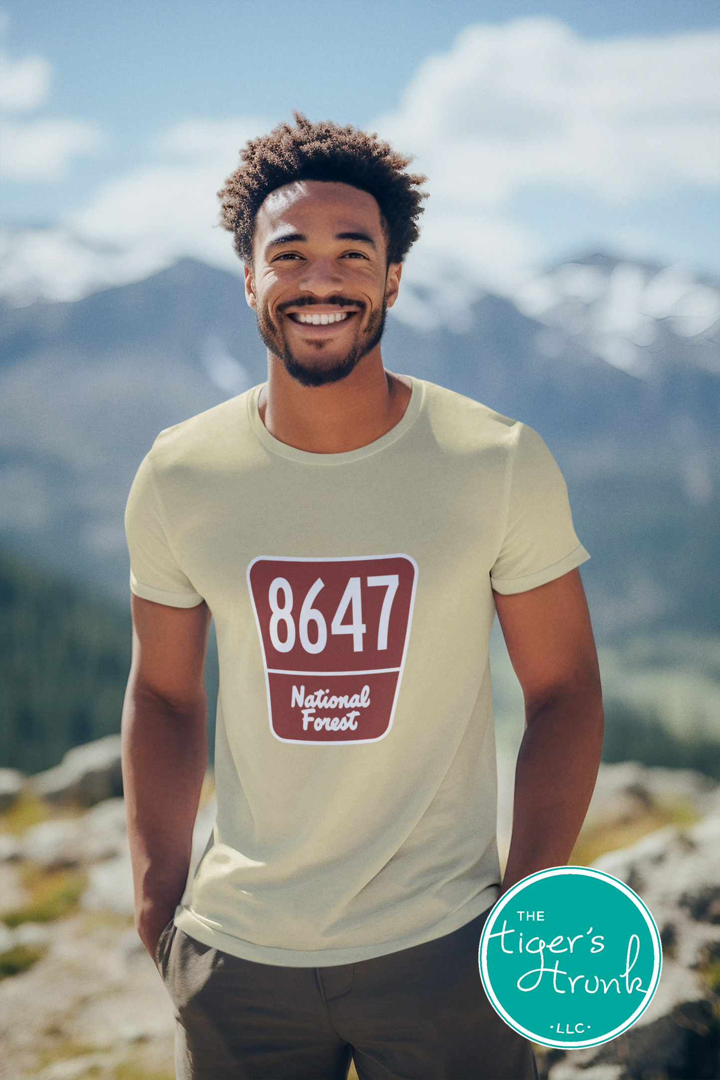 T-shirt with 8647 on a National Forest-style sign, earthy and subtle political protest design for nature lovers