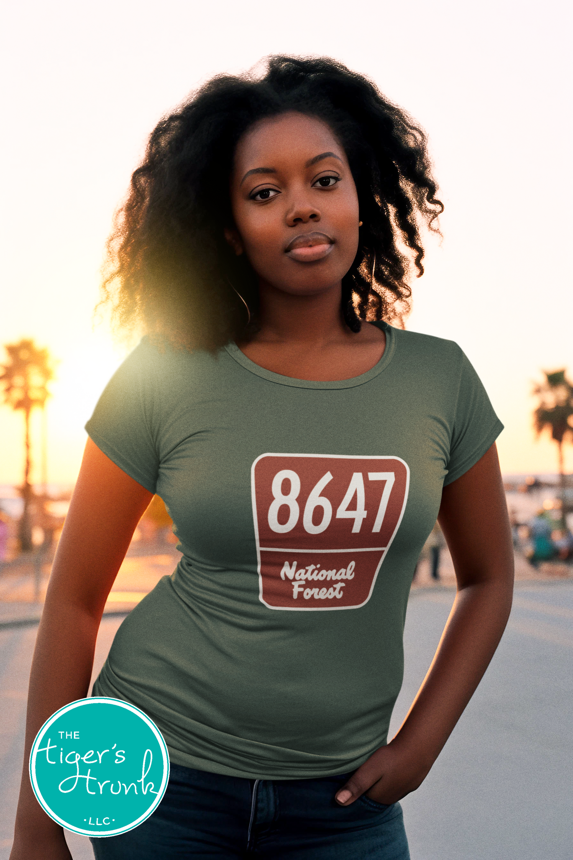 T-shirt with 8647 on a National Forest-style sign, earthy and subtle political protest design for nature lovers
