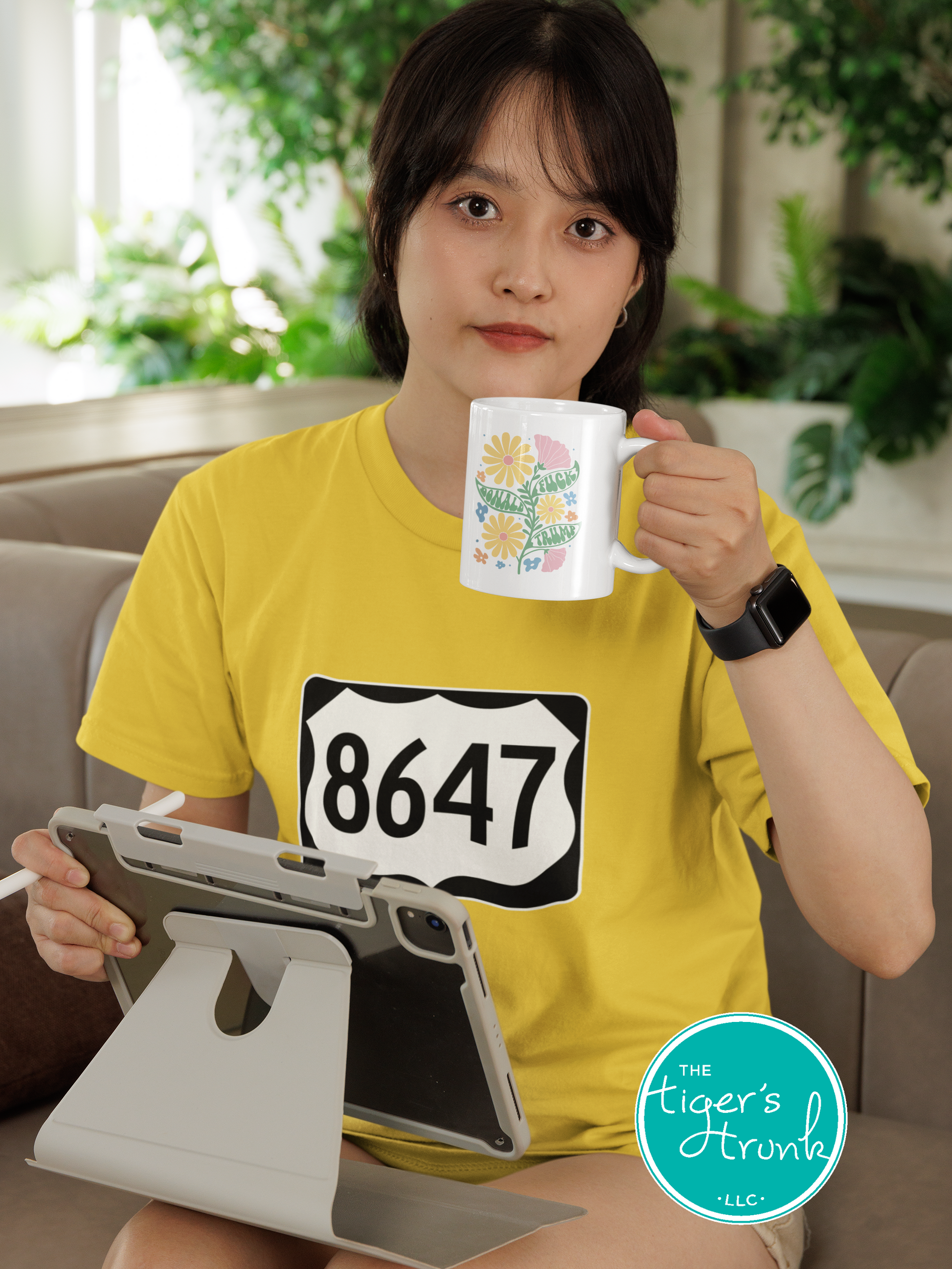 Graphic tee with 8647 inside a highway sign design, subtle political statement shirt for quiet resistance