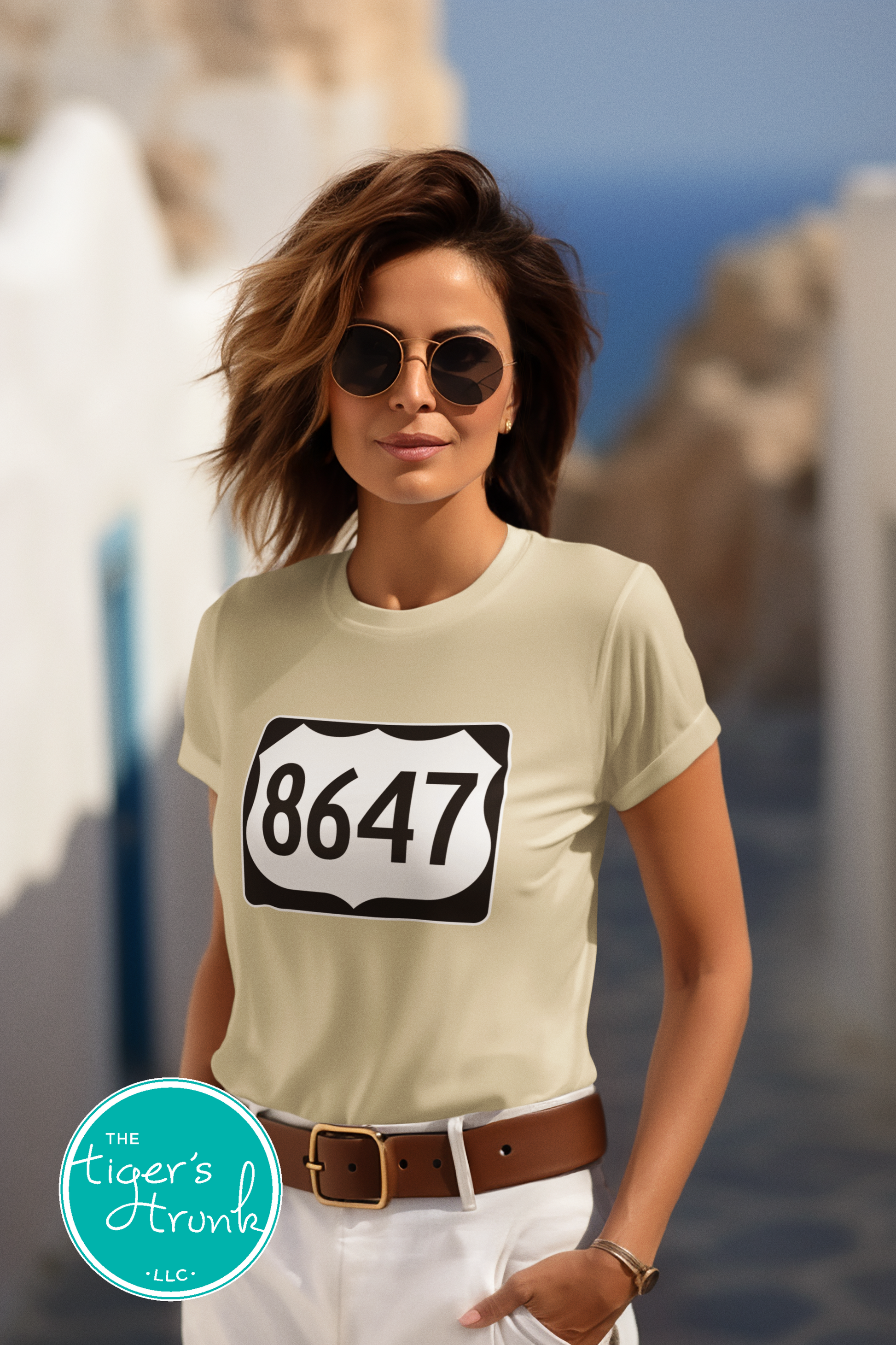 Graphic tee with 8647 inside a highway sign design, subtle political statement shirt for quiet resistance