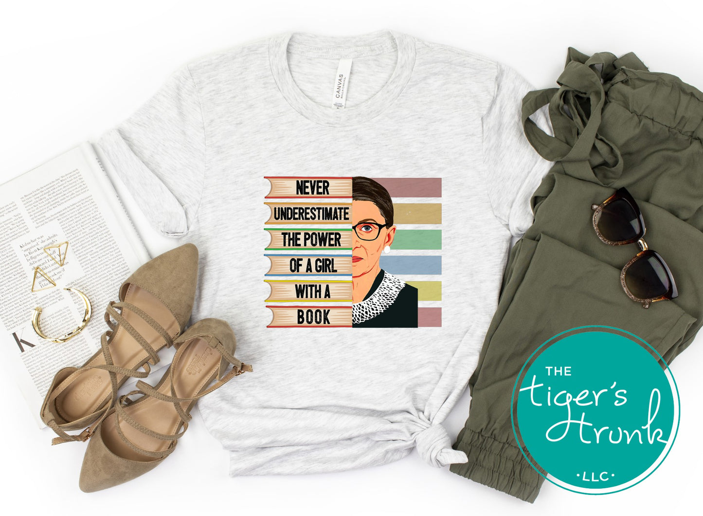 White t-shirt with graphic design, green pants, sunglasses, and shoes on a white background with 'The Tiger's Trunk' logo.