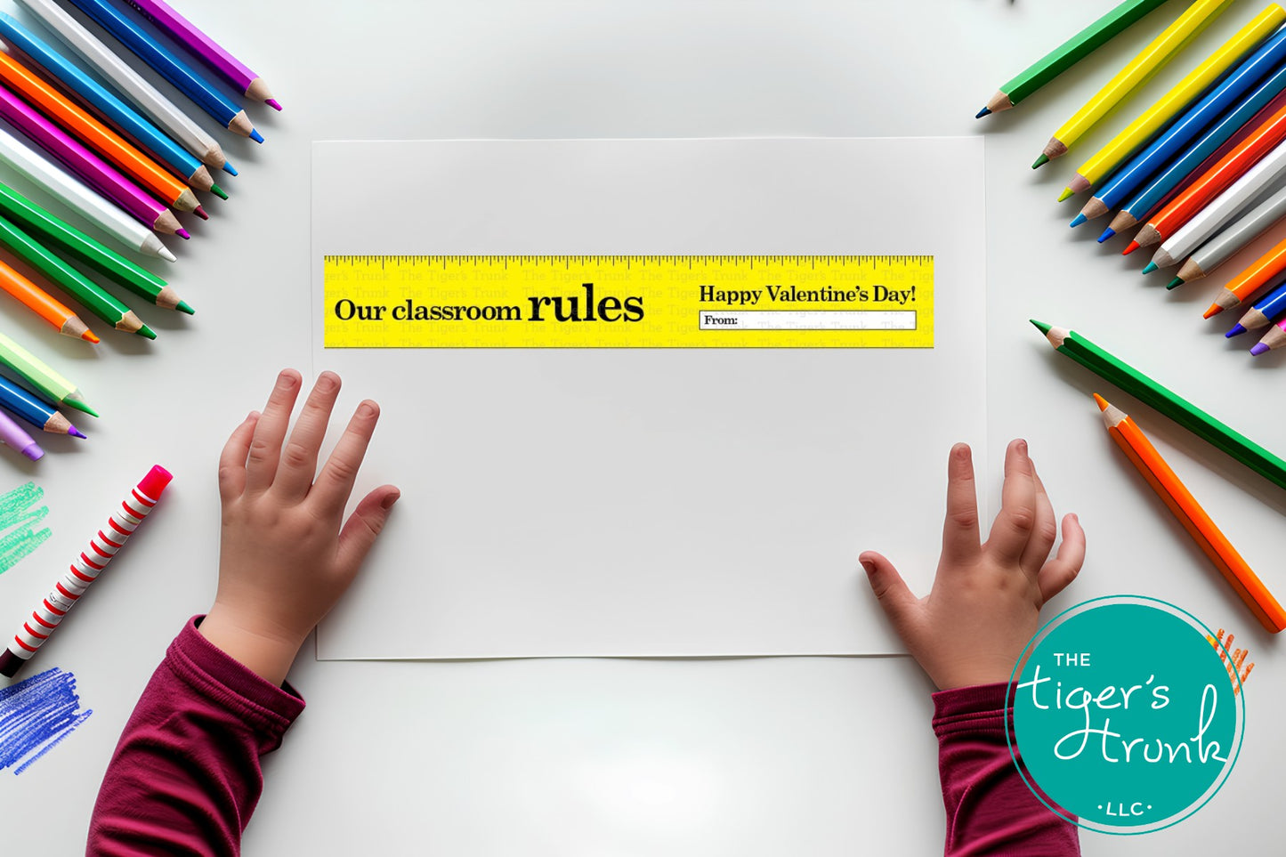 Printable ruler-themed Valentine’s cards for teachers to gift to students, featuring the message "Our Classroom Rules."