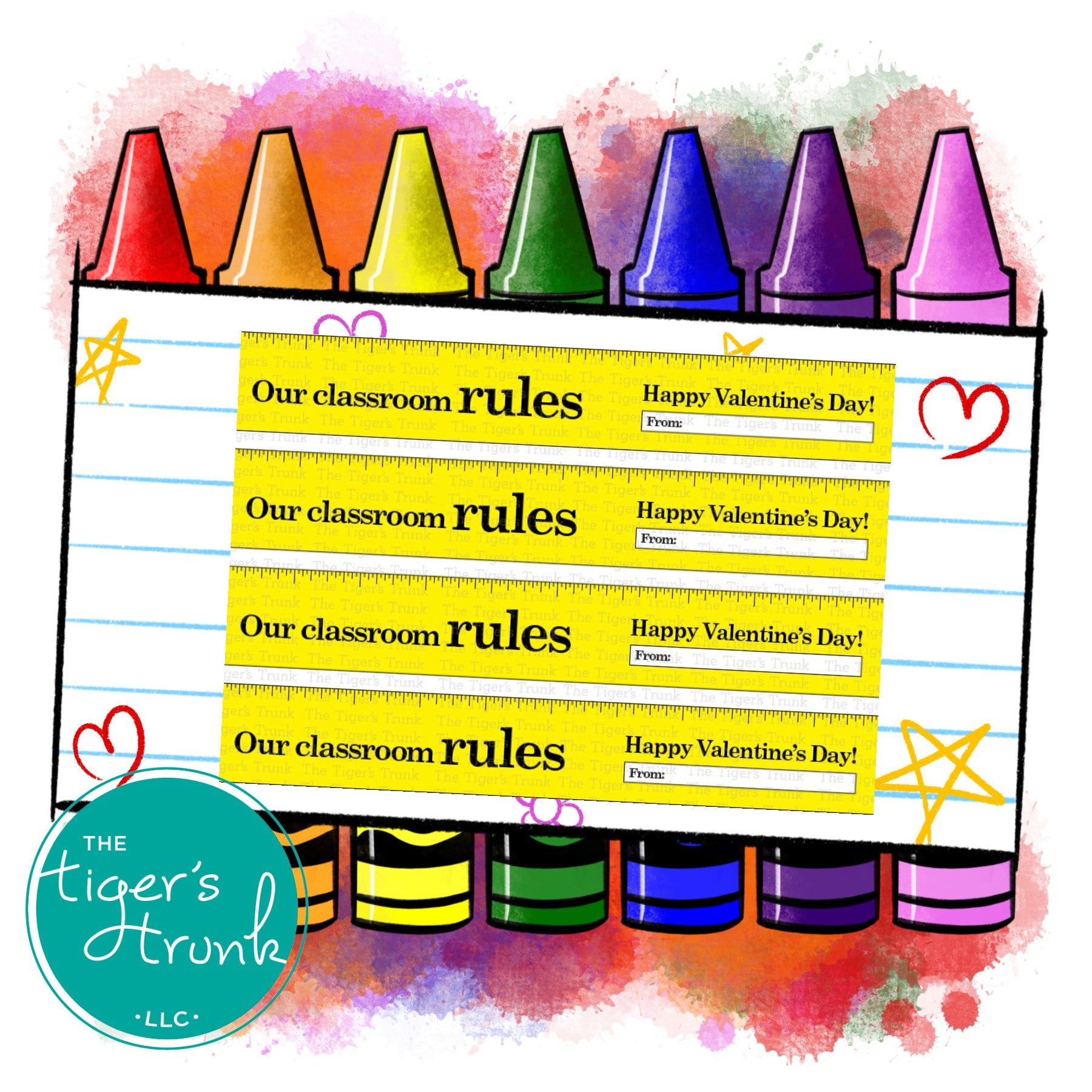 Printable ruler-themed Valentine’s cards for teachers to gift to students, featuring the message "Our Classroom Rules."