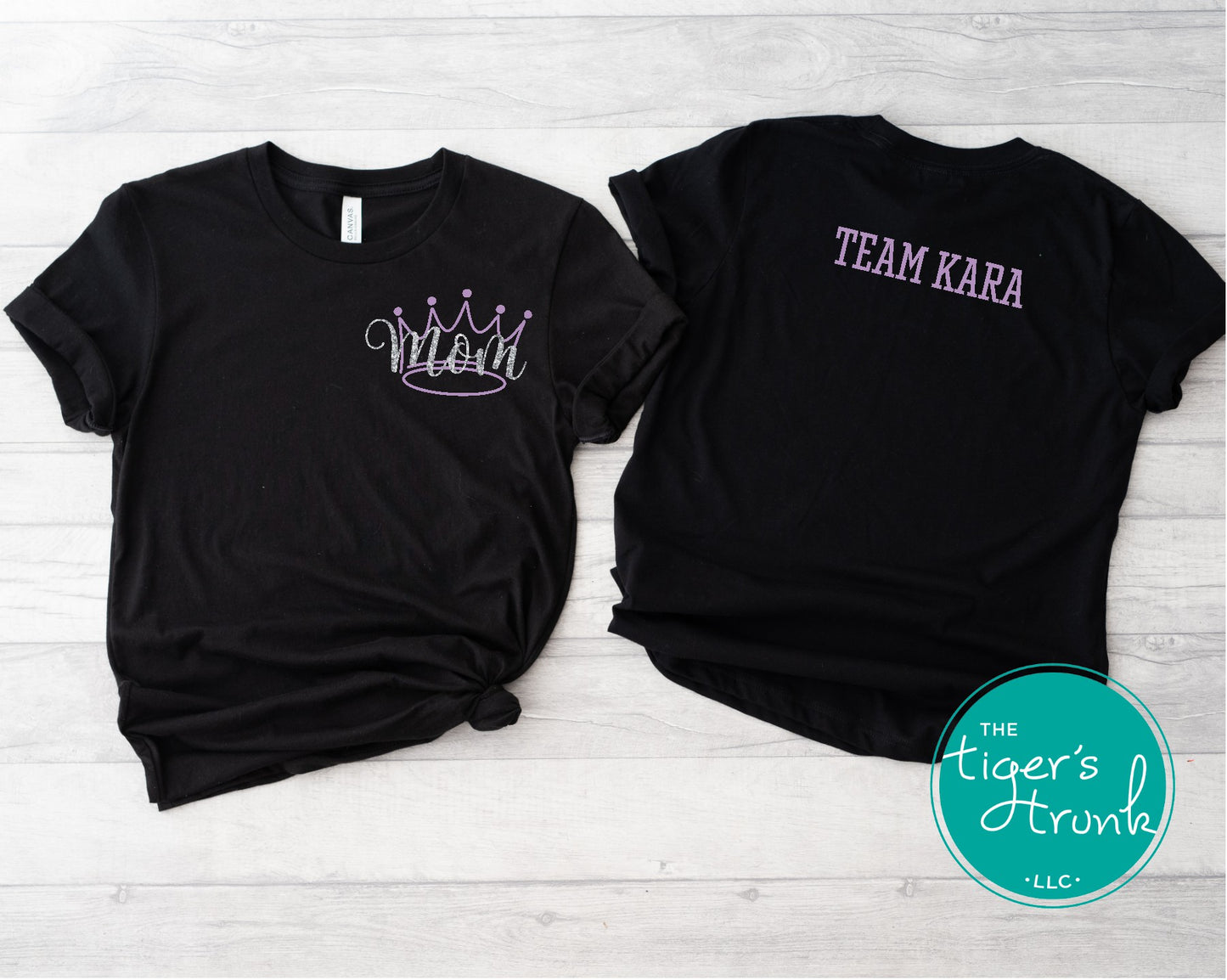 Black pageant mom shirt with purple crown and “Mom” in script font on the front, personalized on the back with pageant contestant’s name in block letters