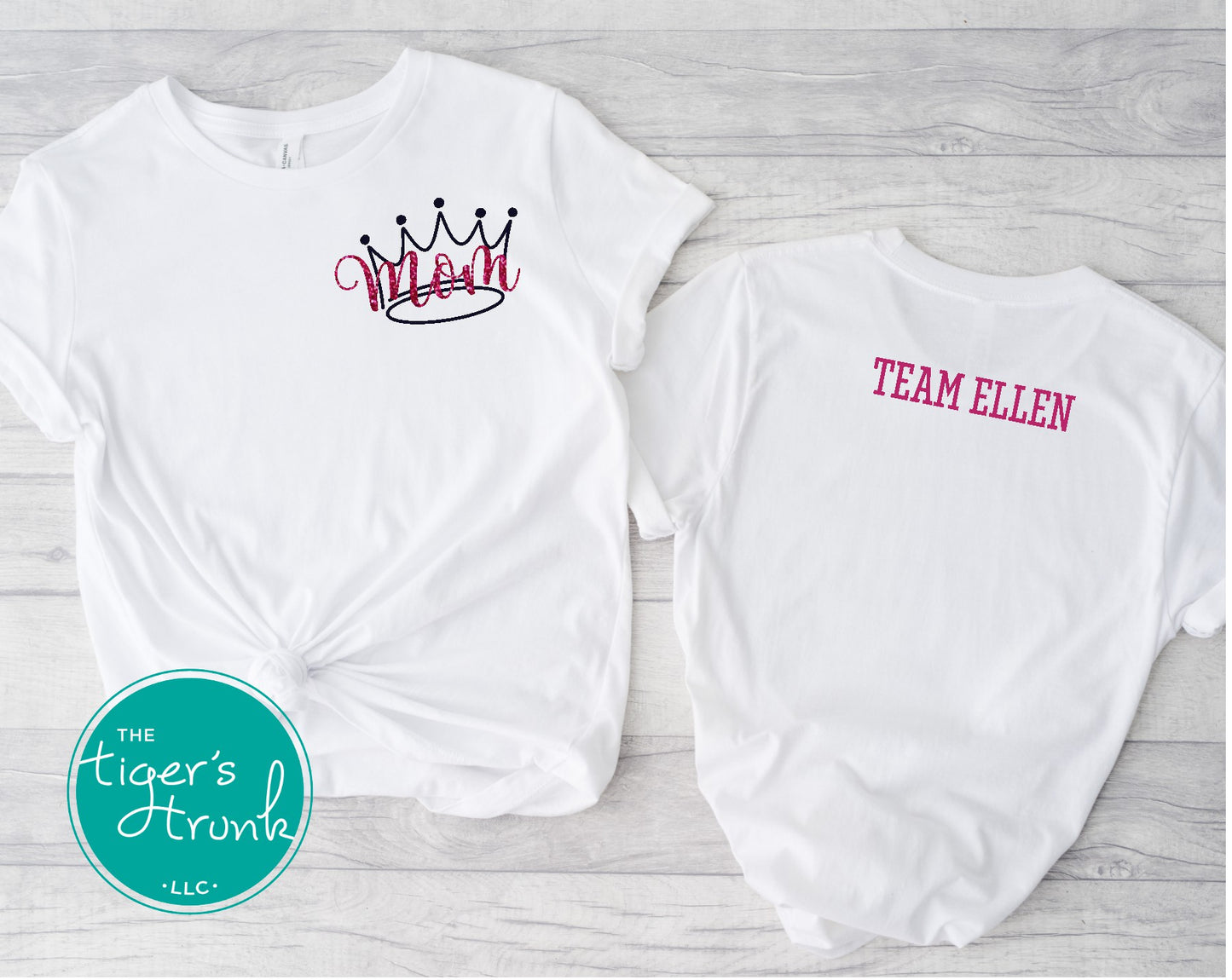 White pageant mom shirt with pink crown graphic and the word "Mom" in script font on the front, personalized on the back with contestant’s name in block letters