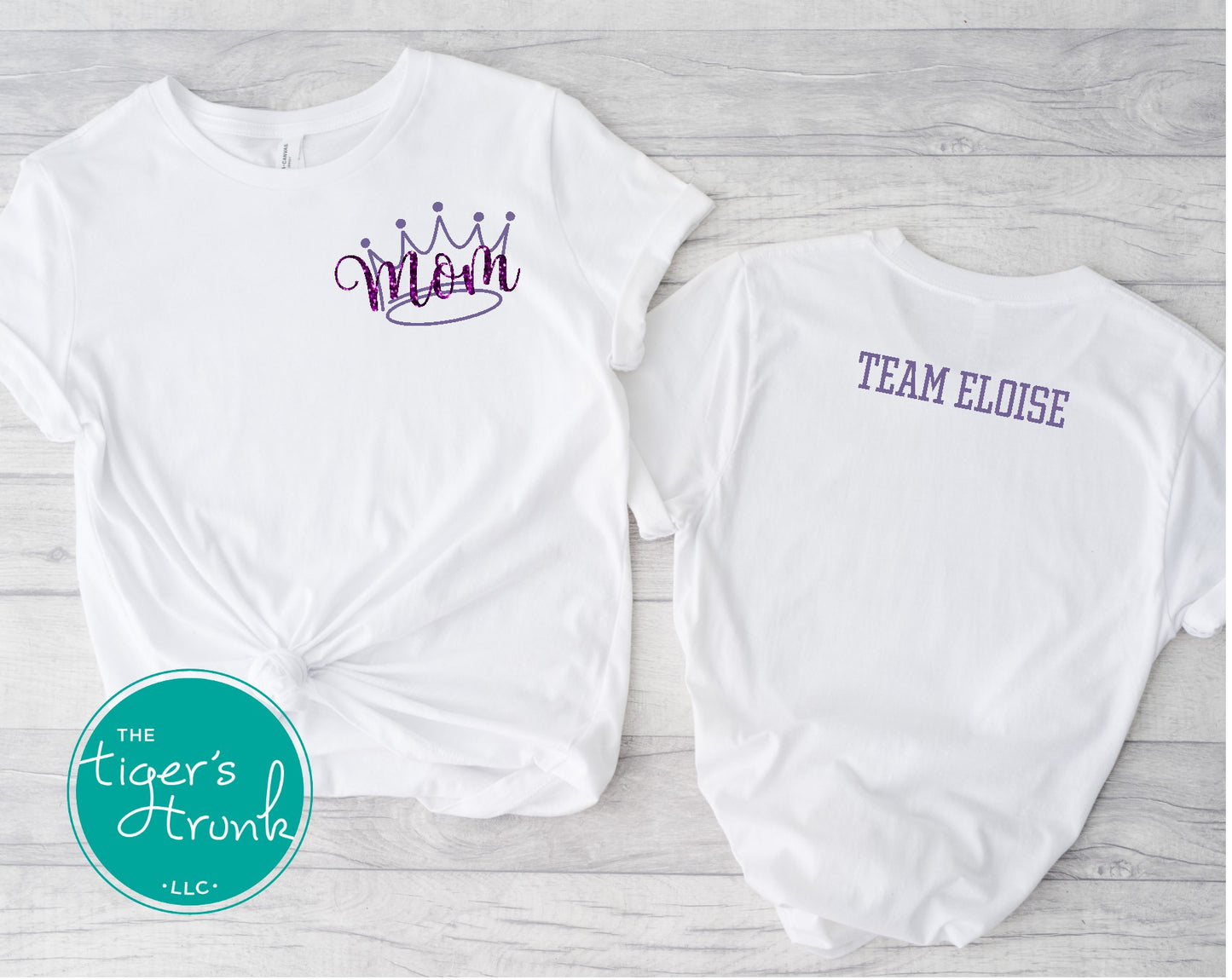 White pageant mom shirt with purple crown and “Mom” in script font on the front, personalized on the back with pageant contestant’s name in block letters