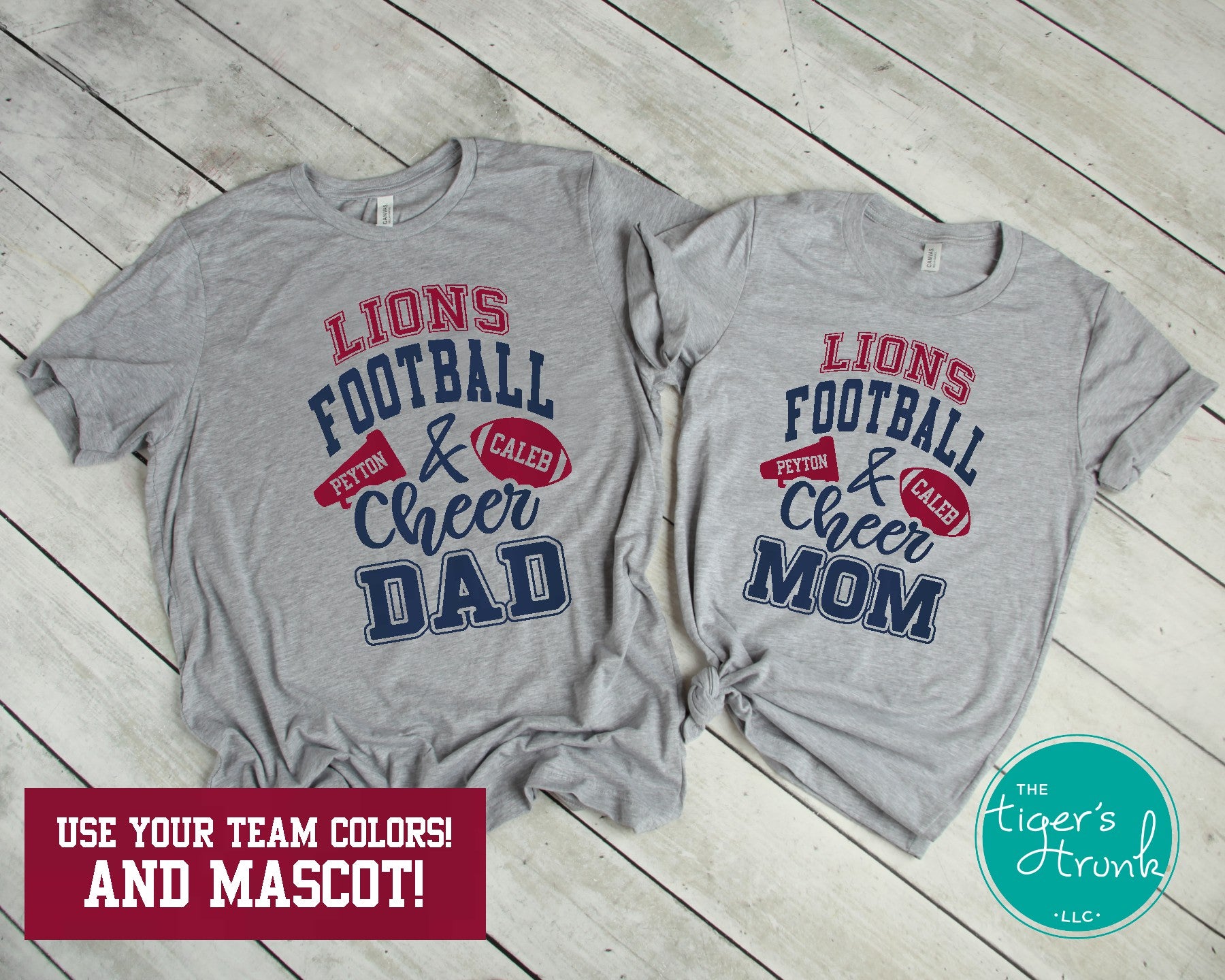 Football and Cheer matching parent shirt set with megaphone and football design, school colors, mascot name, and personalized names or jersey number